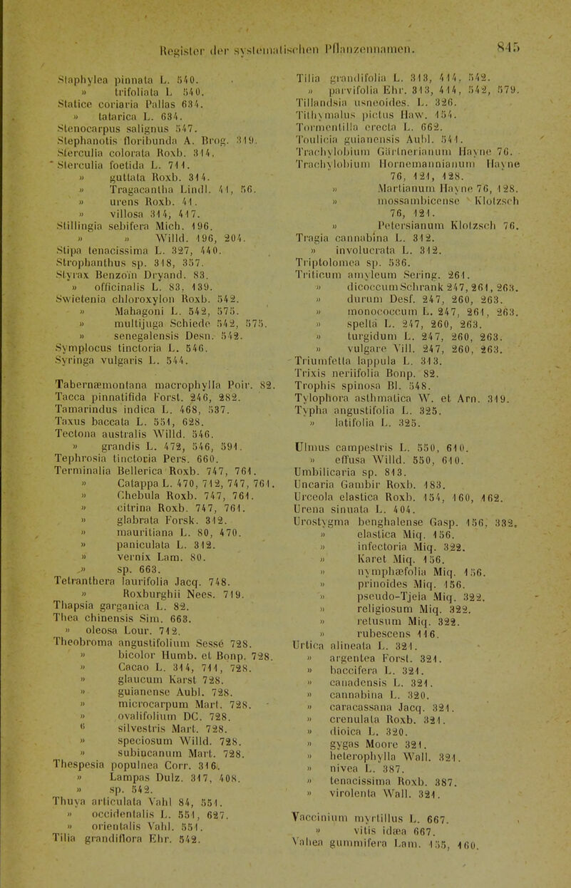 siaphylea pinnata L. fi'iO. » ti'ifoliala L il/iü. Stalicc coi'iai'ia Pallas dB'». » tatarica L. 634. Slenocarpus salignus ;)47. .Stephanolis floribundn A. Brog. :M9. Sterculia colorala Roxb. ■ SIercuiia foetida L. TU. » guttata Roxb. 314. » Tragacanllia Lindl. 41, TiG. » urens Roxb. 41. » villosa 314, 417. Slillingia sebifera Mich. 196. » » Willd. 196, 204. Stipa lenacissima L. 327, 440. Slrophanthus sp. 318, 357. Styiax Benzoiii Diyand. 83. '» officinalis L. 83, 139. Swietenia chloroxylon Roxb. 54 2. » Mahagoni L. 542, 575. » multijuga Schiede 54 2, 575. » senegalensis Desn. 542. .Synnplocus tinctoria L. 546. Syringa vulgaris L. 544. Tabernsemontana macrophylla Poir. S2. Tacca pinnatifida Forst. 246, 282. Tamarindus indica L. 468, 537. Taxus baccala L. 551, 628. Tectona australis Willd. 546. » grandis L. 472, 546, 591. Tephrosia tinctoria Fers. 660. Terniinalia Bellerica Roxb. 747, 761. » Calappa L. 470, 712, 74 7, 761. » Chebula Roxb. 747, 761. » citrina Roxb. 747, 761. » glabrata Forsk. 312. » mauritiana L. SO, 470. » paniculata L. 312. » Vernix Lam. 80. .» sp. 663. Tetranthera laurifolia Jacq. 748. » Roxburghii Nees. 719. Thapsia garganica L. 82. Thea chinensis Sini. 663. » oleosa Lour. 712. Theobroma anguslifolium Sessö 728. » bicolor Humb. et Bonp. 728. » Cacao L. 314, 711, 728. » glaucum Karst 728. » guiancnse Aubl. 728. » microcarpum Marl. 728. » ovalitolium DC. 728.  silvestris Marl. 728. » speciosum Willd. 728. » subiocanum Marl. 728. Thespesia populnea Corr. 316.. » Lampas Dulz. 317, 408. » sp. 54 2. Thuya articulata Vahl 84, 551. » occidenlalis L. 551, 627. » orientalis Vahl. 551. Tilia grandiflora Ehr. 542. Tilia gi'andirolia L. 313, 414, 542. » parvifolia Ehr. 313, 414, 542, 579. Tiilandsin u'^niioides. L. 326. Tilli\niahi.'^ piclus Ilaw. 154. TornicMitilla erecta L. 662. Toulicia guianensis Aubl. 541. Trachylobiuni Gi.ii'tnerianuni Hayne 70. Trachylobiuni llorncmanniaiium Havne 76, 121, 128. » Martianum Ha\ ne 76, 128. » mossanibiccnse ~ Klolzsch 76, 121. » Pctersianum Klotzsch 76. Tragia cannablna L. 312. » involucrata L. 312. Triptolomoa sp. 536. Ti'ilicum aniyleum Sering. 261. » dicoccumSclirank 247, 261, 263. » durum Desf. 247, 260, 263. » monococcuni L. 247, 261, 263. « spelUi L. 247, 260, 263. ') turgidum L. 247, 260, 263. » vulgare Yül. 247, 260, 263. Triuinfella lappula L. 313. Trixis neriifolia Bonp. 82. Trophis spino.^a Bl. 548. Tylophora asthniatica W. et Arn. 319. Typha angiistifolia L. 325. » latifolia L. 325. ülnius campeslris L. 550, 61 0. » effusa Willd. 550, 610. Umbilicaria sp. 813. Uncaria Gambir Roxb. 183. Urceola elastica Roxb. 154, 1 60, -162. Urena sinuata L. 4 04. ürostygma bcnghalense Gasp. 156, 332, » elastica Miq. 156. » infectoria Miq. 322. » Karet Miq. 156. » n\uipha?folia Miq. 156. » prinoides Miq. 156. » pscudo-Tjela Miq. 322.  religiosum Miq. 322. » retusum Miq. 322. » rubescens 116. Urtica alineata L. 321. » argentea Forst. 321. » baccifera L. 321. » canadcnsis L. 321. » cannabina L. 320. » caracas.sana Jacq. 321. » crenulata Roxb. 321. » dioica L. 320. » gygas Moore 321. » lieterophylla Wall. 321. » nivea L. 387. » tenacissima Roxb. 387. » virolenta Wall. 321. Vaccinium myrtillus L. 667. » vitis idfea 667. Vahea gummifera l.am. 155, -160.