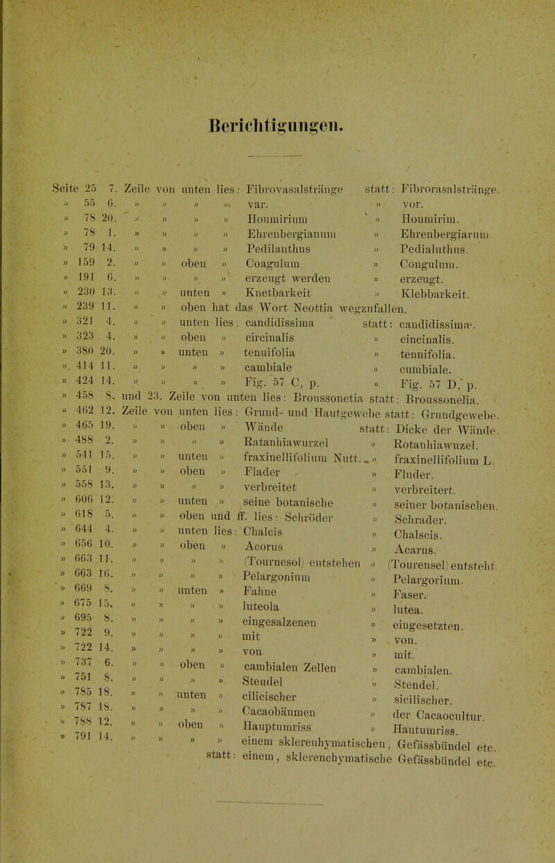 Berichtiguiigeii Seite 25 » 55 ü. 78 20. 78 ]. 79 \4. 159 2. 191 (i. 230 LS. 239 11. 321 4. 323 4. 380 20. 414 11. 424 14. 458 8. 462 12. 465 19. 488 2. 541 15. 551 9. 558 13. 606 12. 618 5. 644 4. 656 10. 603 11. 663 16. 669 8. 675 15. 695 8. 722 9. 722 14. 737 6. 751 8. 785 18. 787 18. 78S 12. 791 14. sf.att: Fibrorasalsträng-e. » vor. » Houmirim. » Ehrenbergiariim. » Pedialiitlins. Congulnm. erzeugt. Klebbarkeit. Zeile von unten lies: Fibrovasalstränge 1) » » )i, vav. » » » » Honmirium » » » » Ehrenbergianum » » » » Pedilanthiis » » oben >> Coagulum » » » » erzengt werden  » unten » Knetbarkeit » » oben hat das Wort Neottia wegzufallen. » » unten lies: candidissima statt: candidissiinfr. » . » oben » circinalis » cincinalis. » » unten » tenuifolia » tennifolia. cambiale » ciuubiale. » » Fig. 57 C, p. .) Fig. 57 D,' p. und 23. Zeile von unten lies: Broussonetia statt: Broussonelia. Zeile von unten lies: Grund-und Hautgewebe statt: Grundgewebc oben Wände Ratanliiawurzel fraxinellitblium Nutt.. Flader verbreitet seine botanische oben und ff. lies: Schröder unten lies: Chalcis » unten » oben » « » unten oben 1) » » » n unten « » » » » » » oben » » » unten » oben » Acorus (Tournesol) entstehen Pelargoniuni Fahne luteola eingesalzenen mit von cambialen Zellen Steudel cilicischer Cacaobäumen Ilauptumriss statt: Dicke der Wiinde. » Eotanhiawuzel. fraxinellifolimu L. Fluder. verbreitert, seiner botanischen. Schräder. Chalscis. Acarus. (Tourensel) entsteht. Pelargorium. Faser, lutea. eingesetzten, von. mit. cambialen. Stendel. sicilischer. der Cacaocultur. Hautumriss. >' einem sklorenhymatischen, Gefässbündel etc statt: einem, sklerenchymatische Gefässbündel etc.