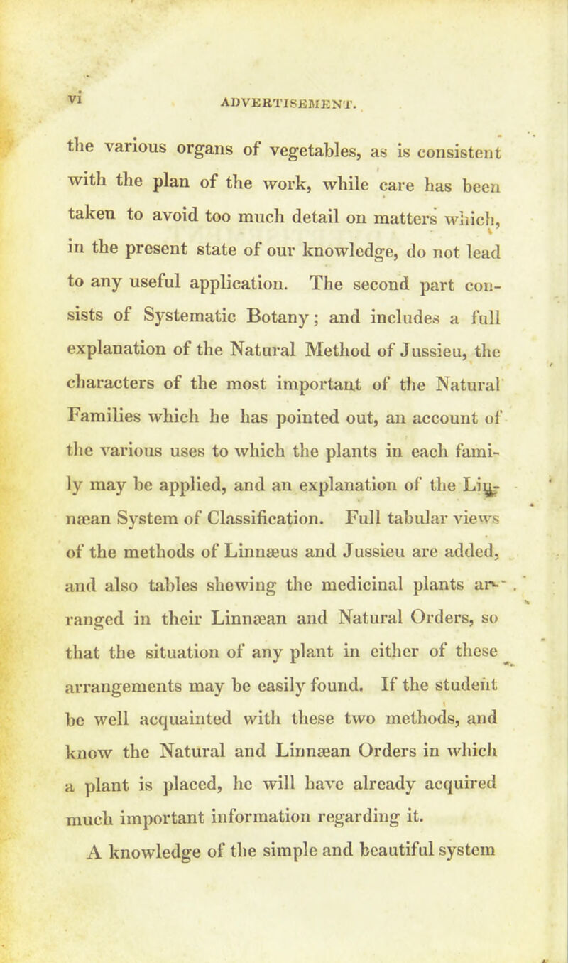 the various organs of vegetables, as is consistent with the plan of the Avork, while care has been taken to avoid too much detail on matters which, in the present state of our knowledge, do not lead to any useful application. The second part con- sists of Systematic Botany; and includes a full explanation of the Natural Method of J ussieu, the characters of the most important of the Natural Families which he has pointed out, an account of the various uses to which the plants in each fami- ly may be applied, and an explanation of the Lijjj- naean System of Classification. Full tabular views of the methods of Linnaeus and Jussieu are added, and also tables shewing the medicinal plants ar^- ranged in their Linnsean and Natural Orders, so that the situation of any plant in either of these arrangements may be easily found. If the student be well acquainted with these two methods, and know the Natural and Linnaean Orders in Avhich a plant is placed, he will have already acquired much important information regarding it. A knowledge of the simple and beautiful system