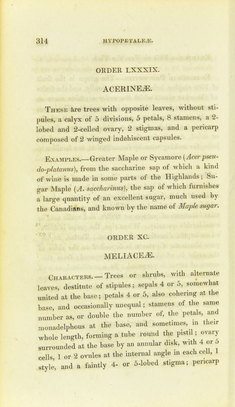 ORDER LXXXIX. ACERINE^. These ftre trees with opposite leaves, without sti- pules, a calyx of 5 divisions, 5 petals, 8 stamens, a 2- lobed and 2-celled ovary, 2 stigmas, and a pericarp composed of 2 winged indehiscent capsules. Examples.—Greater Maple or Sycamoi'G {Acerpseu- do-platanus), from the saccharine sap of which a kind of wine is made in some parts of the Highlands; Su- gar Maple {A. sacchnrinus), the sap of which furnishes a large quantity of an excellent sugar, much used by the Canadians, and known by the name of Majjle sugar. ORDER XC. MELIACEiE. Characters.—Trees or shrubs, with alternate leaves, destitute of stipules; sepals 4 or 5, somewhat united at the base; petals 4 or 5, also cohering at the base, and occasionally unequal; stamens of the same number as, or double the number of, the petals, and monadelphous at the base, and sometimes, m their whole length, forming a tube round the pistd ; ovary surrounded at the base by an annular disk, with 4 or 5 cells 1 or 2 ovules at the internal angle in each cell, i style', and a faintly 4- or S-lobed stigma; pericarp