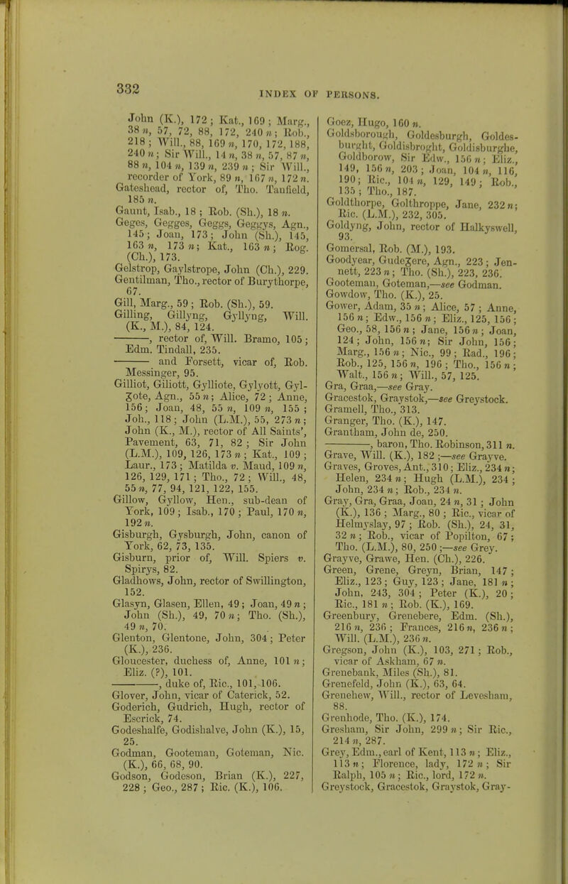 INDEX OF PERSON8. J»hn (K.), 172; Kat., 109; Maxg.. 38«, 57, 72, 88, 172, 240 «; Rob.. 218; Wm.s 88, 169 », 170, 172, 188, 240 «; Sir Will., 14 w, 38 «, 57, 87 «, 88«, 104«, 139«, 239»; Sir Will., recorder of York, 89 », 167 n, 172«. Gateshead, reotor of, Tlio. Tanfield, 185«. Gaunt, Isab., 18 ; Eob. (Sh.), 18 «. Geges, Gegges, Geggs, Geggys, Agn., 145; Joan, 173; John (Sh.), 145, 163«, 173«; Kat., 163«; llog. (Ch.), 173. Gelstrop, Gaylstrope, John (Ch.), 229. Gentiluian, Tho., rector of Burythorpe, 67. Gill, Marg., 59 ; Eob. (Sh.), 59. Gilling, Gillyng, Gyllyng, Will. (K., M.), 84, 124. , rector of, Will. Bramo, 105; Edm. Tindall, 235. and Forsett, vicar of, Eob. Messinger, 95, Gilliot, Giliott, Gylliote, Gylyott, Gyl- gote, Agn., 55«; Alice, 72; Anne, 156; Joan, 48, 55 «, 109«, 155; Joh., 118; John (L.M.), 55, 273 «; John (K., M.), rector of All Saints', Pavement, 63, 71, 82 ; Sir John (L.M.), 109, 126, 173 « ; Kat., 109 ; Laur., 173 ; Matilda v. Maud, 109 n, 126, 129, 171 ; Tho., 72; Will., 48, 55«, 77, 94, 121, 122, 155. Gillow, Gyllow, Hen., sub-dean of Tork, 109; Isab., 170; Paul, 170«, 192«. Gisburgh, Gysburgh, John, canon of Tork, 62, 73, 135. Gisburn, prior of, Will. Spiers v. Spirys, 82. Gladhows, John, rector of Swillington, 152. Glasyn, Glasen, Ellen, 49 ; Joan, 49 » ; John (Sh.), 49, 70»; Tho. (Sh.), 49», 70. Glenton, Glentone, John, 304; Peter (K.), 236. Gloucester, duchess of, Anne, 101«; Eliz. (?), 101. , duke of, Eic, 101, 106. Glover, John, vicar of Caterick, 52. Goderich, Gudrich, Hugh, rector of Escrick, 74. Godeshalfe, Godishalve, John (K.), 15, 25. Godman, Gooteman, Goteman, Nic. (K.), 66, 68, 90. Godson, Godcson, Brian (K.), 227, 228 ; Geo., 287 ; Eic. (K.), 106. Goez, Hugo, 160 «. Goldsborou^h, Goldesburgh, Goldes- buvght, Goldisbroglit, Goldisburghe, Goldborow, Sir Edw., 15G«; Eliz., 149, 156«, 203; Joan, 104», 116, 190; Eic, 104«, 129, 149 ; Eob., 135; Tho., 187. Goldthorpe, Golthroppe, Jane, 232«; Eic. (L.M.), 232, 305. Goldyng, John, rector of Halkyswell, 9 3, Gomersal, Eob. (M.), 193. Goodyear, Gudegere, Agn., 223 ; Jen- nett, 223 «; Tho. (Sh.), 223, 236. Gooteman, Goteman,—see Godman Gowdow, Tho. (K.), 25. Gower, Adam, 35 »; Alice, 57 ; Anne, 156«; Edw., 156«; Eliz., 125, 156; Geo., 58, 156«; Jane, 156»; Joan, 124; John, 156«; Sir John, 156; Marg., 156»; Nic, 99; Ead., 196; Eob., 125, 156«, 196; Tho., 156»; Walt., 156«; Will., 57, 125. Gra, Graa,—see Gray. Gracestok, Graystok,—see Gre^^stock. Gramell, Tho., 313. Granger, Tho. (K.), 147. Grantham, John de, 250. , baron, Tho. Eobinson, 311 n. Grave, Will. (K.), 182 ;—see Grayve. Graves, Groves, Ant., 310; Eliz., 234 n; Helen, 234«; Hugh (L.M.), 234 ; John, 234 «; Eob., 234 «. Gray, Gra, Graa, Joan, 24 «, 31; John (K.), 136 ; Marg., 80 ; Eic, vicar of Helmyslay, 97 ; Eob. (Sh.), 24, 31, 32 « ; Bob., vicar of Popilton, 67 ; Tho. (L.M.), 80, 250;—see Grey. Grayve, Grawe, Hen. (Ch.), 226. Green, Grene, Greyn, Brian, 147; Eliz., 123; Guy, 123 ; Jane, 181 » ; John, 243, 304; Peter (K.), 20; Eic, 181 »; Eob. (K.), 169. Greenbury, Grenebere, Edm. (Sh.), 216«, 236; Prances, 216», 236 n; Will. (L.M.), 236 ». Gregson, John (K.), 103, 271 ; Eob., vicar of Askham, 67 ». Grenebank, Miles (Sh.), 81. Grenefeld, John (K.), 63, 64. Grenehevv, Will., rector of Levesham, 88. Grenhode, Tho. (K.), 174. Gresham, Sir John, 299 »; Sir Eic, 214«, 287. Grey, Edm., earl of Kent, 113«; Eliz., 113«; Florence, lady, 172»; Sir Ealph, 105 «; Eic, lord, 172 ». Greystock, Gracestok, Graystok, Gray-