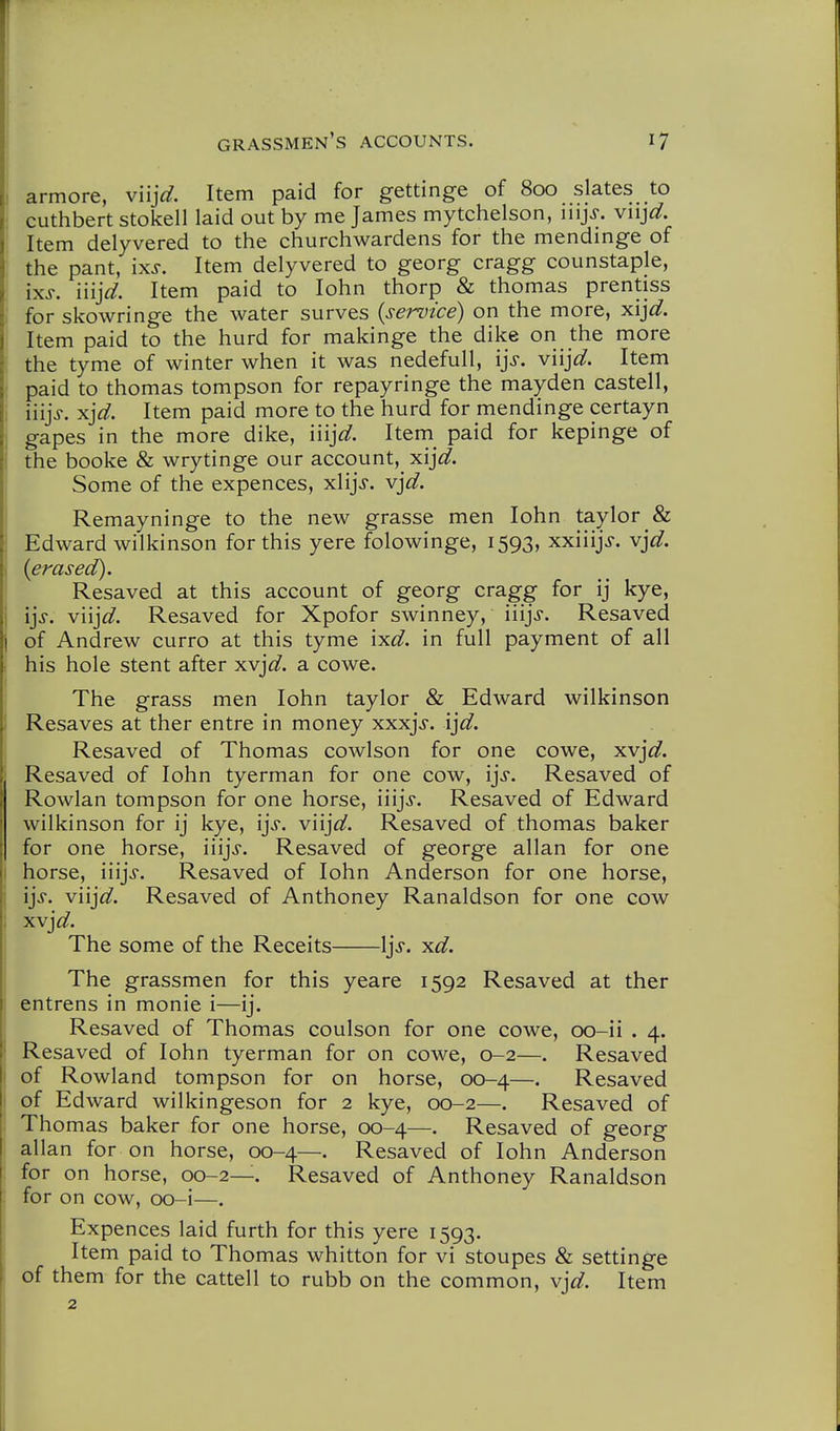 armore, viijcl. Item paid for gettinge of 800 slates to cuthbert stokell laid out by me James mytchelson, lujs. vnjd. Item delyvered to the churchwardens for the mendinge of the pant, ixs. Item delyvered to georg cragg counstaple, ixs. iiijd. Item paid to lohn thorp & thomas prentiss for skowringe the water surves {service) on the more, xij^j?. Item paid to the hurd for makinge the dike on the more the tyme of winter when it was nedefull, ij^. viij^;?. Item paid to thomas tompson for repayringe the mayden castell, \n]s. xjd. Item paid more to the hurd for mendinge certayn gapes in the more dike, iiij^^. Iteni paid for kepinge of the booke & wrytinge our account, xij^. Some of the expences, xlijj. v^d. Remayninge to the new grasse men lohn taylor & Edward wilkinson for this yere folowinge, 1593, xxiiijV. vjd. (erased). Resaved at this account of georg cragg for ij kye, lis. v'njd. Resaved for Xpofor swinney, injs. Resaved of Andrew curro at this tyme ixd. in full payment of all his hole stent after xvjd. a cowe. The grass men lohn taylor & Edward wilkinson Resaves at ther entre in money xxxjj-. ijd. Resaved of Thomas cowlson for one cowe, xvj^;?. Resaved of lohn tyerman for one cow, ijs. Resaved of Rowlan tompson for one horse, iiij<$. Resaved of Edward wilkinson for ij kye, ijs. viijd. Resaved of thomas baker for one horse, iiijj. Resaved of george allan for one horse, i'njs. Resaved of lohn Anderson for one horse, 'i}s. v'n^d. Resaved of Anthoney Ranaldson for one cow xvjd. The some of the Receits \js. xd. The grassmen for this yeare 1592 Resaved at ther entrens in monie i—ij. Resaved of Thomas coulson for one cowe, 00-ii . 4. Resaved of lohn tyerman for on cowe, 0-2—. Resaved of Rowland tompson for on horse, 00-4—. Resaved of Edward wilkingeson for 2 kye, 00-2—. Resaved of Thomas baker for one horse, 00-4—. Resaved of georg allan for on horse, 00-4—. Resaved of lohn Anderson for on horse, 00-2—. Resaved of Anthoney Ranaldson for on cow, 00-i—. Expences laid furth for this yere 1593. Item paid to Thomas whitton for vi stoupes & settinge of them for the cattell to rubb on the common, vj^^. Item