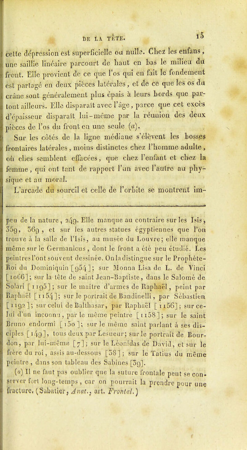 cette dépression est superficîelîe oa nulle. Clie^ les eilfans, une saillie linéaire parcourt de haut en Las le milieu dii front. Elle provient de ce que f os qui en fait le fondement ést partagé en deux pièces latérales, et de ce que les os du crâne sont généralement plus épais à leurs bords que par- tout ailleurs. Elle disparait avec l'âge, parce que cet excès d'épaisseur disparaît lui-même par la réunion des deux pièces de l'os du front en une seule (a). Sur les côtés de la ligne médiane s'élèvent les bosses IVontaires latérales , moins distinctes chez l'homme adulte, oh elles semblent effacées, que chez l'enfant et chez la femme, qui ont tant de rapport l'an avec l'aulrc au phy- sique et au moral. L'arcade du sourcil et celle de l'orbite se montrent ira- peu de la nature, 249. Elle manque au contraire sur les IsiSj, 359, 569 , et sur les autres statues égyptiennes que l'oti trouve à la salle de l'isis, au musée du Louvre; elle manque même sur le Germanicus, dont le front a été peu étudié. Les peintresl'ont souvent dessinée. Onladistinguc sur le Prophète- Roi du Dominiquin [954]; sur Monna Lisa de L. de Vinci [10G6]; sur la tête de saint Jean-Baplisle, dans le Salomé de Soîari [iigS]; sur le maître d'armes de Raphaël, peint par Raphaë! [ii54]; sur le portrait de Bandinelli, par Sébastien [1193.]; sur celui deBallhasar, par Raphaël [ii56]; sur ce- lui d'un inconnu, parle môme peintre [ii58]; sur le saint Bruno endormi [i5o]; sur le même saint parlant à ses dis- ciples [149]» tous deux par Le.Nueur; sur le portrait de Bour- don, par lui-même [7]; sur le Léonidas de David, et sur le frère du roi, assis au-dessous [58]; sur le Tatius du même peintre , dans son tableau des Sabines [Sg]. {0) Il ne faut pas oublier que la suture frontale peut se con. server furl long-temps, car on pourrait la prendre pour une fracture. (Subulier, Jnat,^ art. Frontal.)