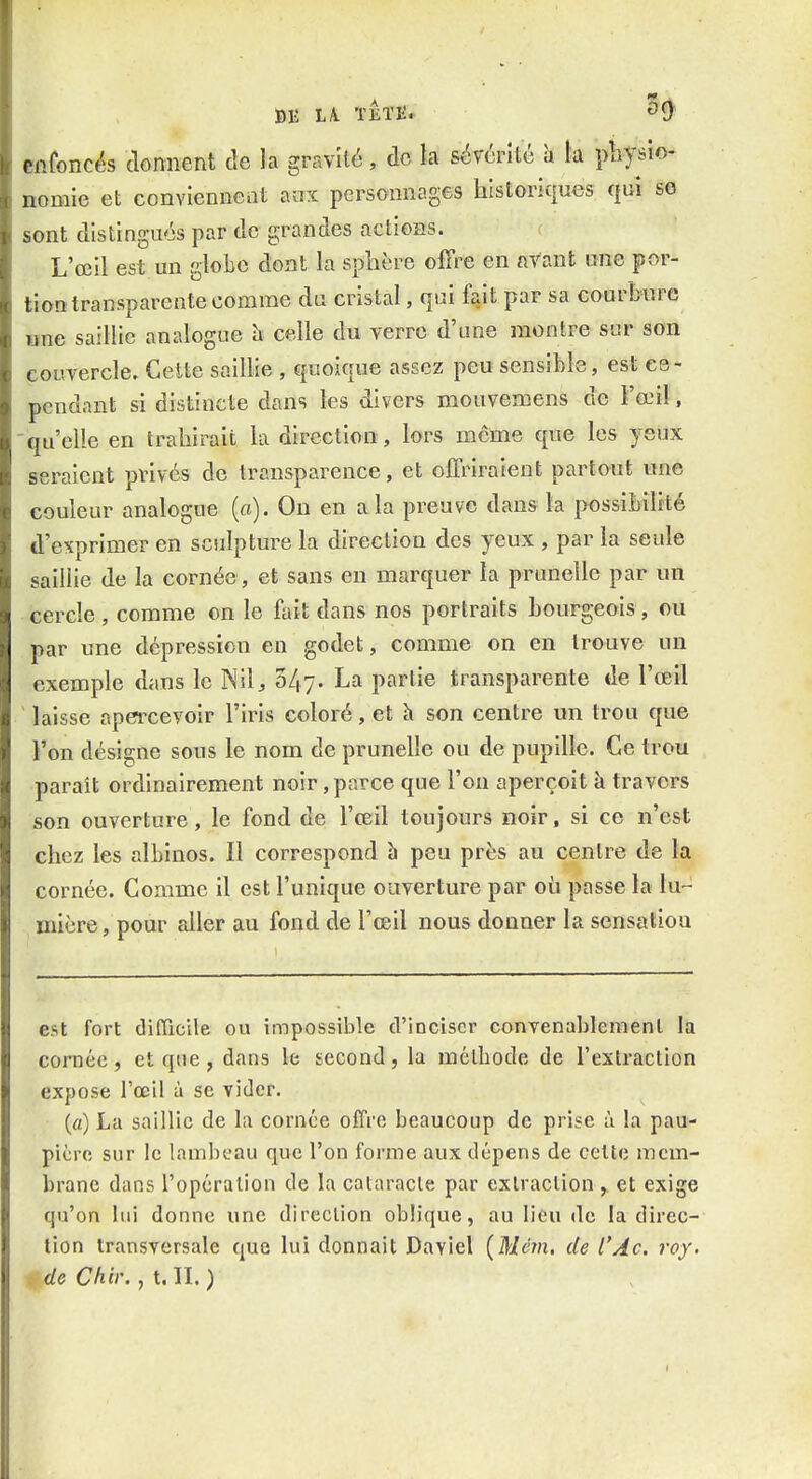 Ï)IÎ LA TÈTE» enfoncés clonnent de la gravité, de ta sëvérîlc h la physio- nomie et convienneat auï personnages historiques qui se sont distingués par de grandes actions. L'œil est un globe dont la splière offre en avant une por- tion transparente comme du cristal, qui fait par sa courbure wne saillie analogue à celle du verre d'une montre sur son couvercle. Cette saillie , quoique assez peu sensible, est ce- pendant si distincte dans les divers mouvemens de l'œil, -qu'elle en trahirait la direction, lors même que les yeux seraient privés de transparence, et offriraient partout une couleur analogue (a). On en a la preuve dans la possibilité d'exprimer en sculptm^e la direction des yeux , par la seule saillie de la cornée, et sans en marquer la prunelle par un cercle , comme on le fait dans nos portraits bourgeois, ou par une dépression en godet, comme on en trouve un exemple dans le Nilj 347. La partie transparente de l'œil laisse apercevoir l'iris coloré, et h son centre un trou que l'on désigne sous le nom de prunelle ou de pupille. Ce trou paraît ordinairement noir, parce que l'on aperçoit à travers son ouverture, le fond de l'œil toujours noir, si ce n'est chez les albinos. Il correspond b peu près au centre de la cornée. Comme il est l'unique ouverture par où passe la lu- mière, pour aller au fond de l'œil nous donner la sensation est fort difficile ou impossible d'inciser convenablement la cornée, et que , dans le second, la méthode de l'extraction expose Focll à se vider. (a) La saillie de la cornée offre beaucoup de prise à la pau- pière sur le lambeau que l'on forme aux dépens de celte mem- brane dans l'opération de la cataracte par extraction , et exige qu'on lui donne une direction oblique, au lieu de la direc- tion transversale que lui donnait Daviel {Mêrn. de l'Ac roy. de Chir. , t. H. )