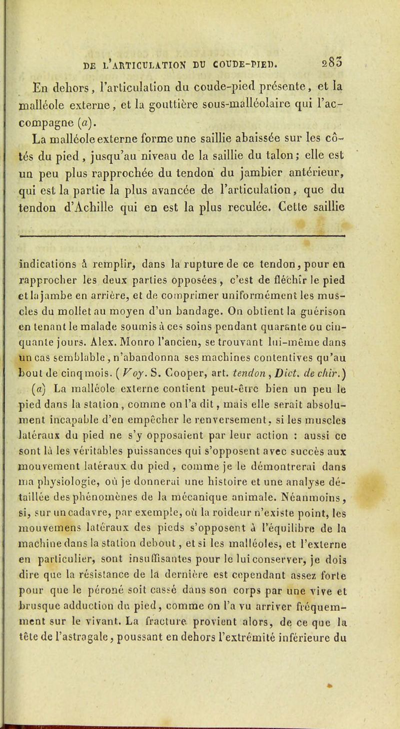 En dehors, rarliculallon du coude-pied présente, et la malléole externe, et lu gouttière sous-malléolaire qui l'ac- compagne (a). La malléole externe forme une saillie abaissée sur les cô- tés du pied, jusqu'au niveau de la saillie du talon; elle est un peu plus rapprochée du tendon du jambier antérieur, qui est la partie la plus avancée de l'articulation, que du tendon d'Achille qui en est la plus reculée. Cette saillie indications i remplir, dans la rupture de ce tendon, pour en rapprocher les deux parties opposées , c'est de flé'chvr le pied et la jambe en arrière, et de comprimer uniformément les mus- cles du mollet au moyen d'un bandage. On obtient la guérison en tenant le malade soumis à ces soins pendant quarante ou cin- quante jours. Alex. Monro l'ancien, se trouvant lui-même dans Un cas semblable, n'abandonna ses machines contentives qu'au bout de cinqmois. ( Voy. S. Cooper, art. tendon , Dict. de c/iir.) (a) La malléole externe contient peut-être bien un peu le pied dans la station , comme on l'a dit, mais elle serait absolu- ment incapable d'en empêcher le renversement, si les muscles latéraux du pied ne s'y opposaient par leur action : aussi ce sont là les véritables puissances qui s'opposent avec succès aux mouvement latéraux du pied, comme je le démontrerai dans ma physiologie, où je donnerai une histoire et une analyse dé- taillée des phénomènes de la mécanique animale. Néanmoins, si, sur un cadavre, par exemple, où la roideur n'existe point, les mouvemens latéraux des pieds s'opposent à l'équilibre de la machine dans la station debout, et si les malléoles, et l'externe en particulier, sont insuffisantes pour le lui conserver, je dois dire que la résistance de la dernière est cependant assez forte pour que le péroné soit cassé dans son corps par une vive et brusque adduction du pied, comme on l'a vu arriver fréquem- ment sur le vivant. La fracture provient alors, de ce que la tête de l'astragale, poussant en dehors l'extrémité inférieure du