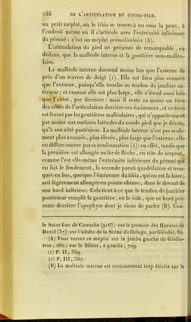 un petit méplat, où le tibia se trouvcà nu sous la peau , h l'endroit même où il s'articule avec l'extrémité inférieure du péroné; c'est un méplat prèmallèolairc (A). L'articulation du pied ne présente de remarquable, en dedans, que la malléole Interne et la gouttière sous-malléo- lalre. La malléole interne descend moins bas que l'externe de près d'un travers de doigt (i). Elle est bien plus avancée que l'externe, puisqu'elle touche au tendon du jambier an- térieur; et comme elle est plus large, elle s'étend aussi loin que l'autre, par derrière : mais II reste au moins un tiers des côtés de l'articulation derrière ces éminences, et ce tiers est formé par les gouttières malléokires, qui n'appartiennent pas moins aux surfaces latérales du coude-pied que je décris, qu'à son côté postérieur. La malléole interne n'est pas seule- ment plus avancée, plus élevée, plus large que l'externe; elle en diffère encore par sa conformation (2) : en effet, tandis que la première est allongée en fer de flèche, en tête de serpent, comme l'est elle-même l'extrémité Inférieure du péroné qui en fait le fondement, la seconde paraît quadrilatère et tron- quée en bas, quoique l'émlnence du tibia, qui en est la base, soit légèrement allongée en pointe obtuse , dans le devant de «on bord inférieur. Cela tient à ce que le tendon du jambier postérieur remplit la gouttière, ou le vide, que ce bord pré- sente derrière l'apophyse dont je viens de parler (B). Con- le Saint Luc de'Carrache [g 16] ; sur le premier des Horaces de David [57] ; sur l'adulte de la Scène du Déluge, par Girodet, 80. (A) Vous verrez ce méplat sur la jambe gaucbe du Gladia- teur, 262; sur le Silène3 à gauche, ^09. (1) P. Il, 359. (2) P. III, 367. (B) La malléole interne est certainement trop étroite sur le