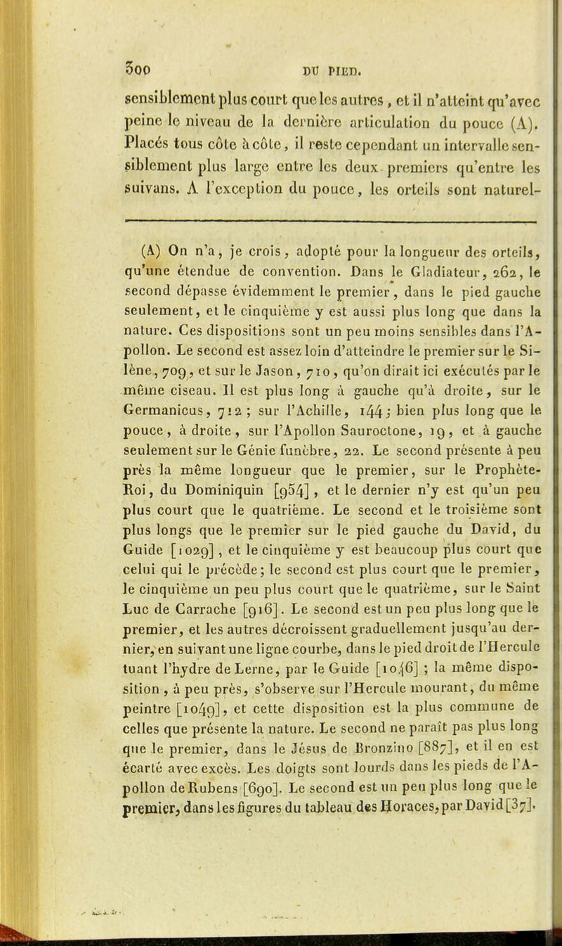 sensiblement plus court que les autres, et il n'atteint qu'avec peine le niveau de la dernière articulation du pouce (A). Placés tous côte h côte, il reste cependant un intervalle sen- siblement plus large entre les deux premiers qu'entre les isuivans. A l'exception du pouce, les orteils sont naturel- (A) On n'a, je crois, adopté pour la longueur des orteils, qu'une étendue de convention. Dans le Gladiateur, 262, le second dépasse évidemment le premier, dans le pied gauche seulement, et le cinquième y est aussi plus long que dans la nature. Ces dispositions sont un peu moins sensibles dans l'A- pollon. Le second est assez loin d'atteindre le premier sur le Si- lène, 709, et sur le Jason, 710, qu'on dirait ici exécutés par le même ciseau. Il est plus long à gauche qu'à droite, sur le Germanicus, 712 ; sur l'Achille, i44i bien plus long que le pouce, adroite, sur l'Apollon Sauroctone, 19, et à gauche seulement sur le Génie funèbre, 22. Le second présente à peu près la même longueur que le premier, sur le Prophète- Roi , du Dominiquin [954], et le dernier n'y est qu'un peu plus court que le quatrième. Le second et le troisième sont plus longs que le premier sur le pied gauche du David, du Guide [1029], et le cinquième y est beaucoup plus court que celui qui le précède; le second est plus court que le premier, le cinquième un peu plus court que le quatrième, sur le Saint Luc de Carrache [916]. Le second est un peu plus long que le premier, et les autres décroissent graduellement jusqu'au der- nier, en suivant une ligne courbe, dans le pied droit de l'Hercule tuant l'hydre deLerne, par le Guide [lo.ijG] ; la même dispo- sition , à peu près, s'observe sur l'Hercule mourant, du même peintre [1049], cette disposition est la plus commune de celles que présente la nature. Le second ne paraît pas plus long que le premier, dans le Jésus de Bronzino [887], et il en est écarté avec excès. Les doigts sont lourds dans les pieds de l'A- pollon deRubens [690]. Le second est un peu plus long que !e premier, dans les figures du tableau des Horaces, par David [37].