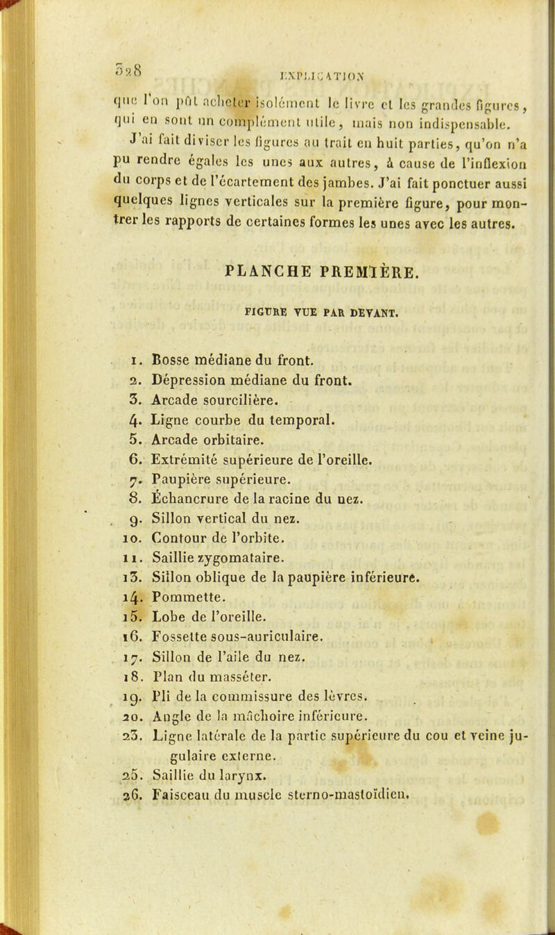 que l'on pfiL nclictor isolément le livre cl les grandes figures, qui en sont un complémeiil ulile, mais non indispensable. J'ai fait diviser les figures au trait en huit parties, qu'on n'a pu rendre égales les unes aux autres, à cause de l'inflexion du corps et de l'écartement des janabes. J'ai fait ponctuer aussi quelques lignes verticales sur la première figure, pour mon- trer les rapports de certaines formes les unes avec les autres. PLANCHE PREMIÈRE. FIGTIRE VUE PAR DEVANT. I. Bosse médiane du front. a. Dépression médiane du front. 3. Arcade sourcilière. 4. Ligne courbe du temporal. 5. Arcade orbitaire. 6. Extrémité supérieure de l'oreille. 7. Paupière supérieure. 8. Echancrure de la racine du nez. g. Sillon vertical du nez. 10. Contour de l'orbite. 11. Saillie zygomataire. 13. Sillon oblique de la paupière inférieure. 14. Pommette. 15. Lobe de l'oreille. 16. Fossette sous-auriculaire. 17. Sillon de l'aile du nez. ï8. Plan du masséter. ig. Pli de la commissure des lèvres. 20. Angle de la rariclioire inférieure. 23. Ligne latérale de la partie supérieure du cou et veine ju- gulaire exierne. 25. Saillie du larynx. 36. Faisceau du muscle sterno-mastoïdien.