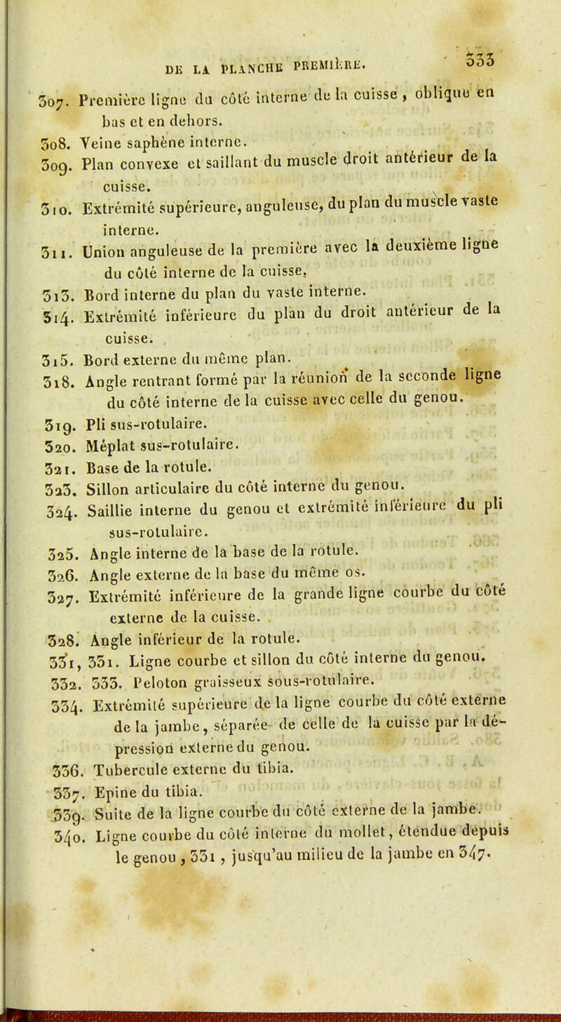 DE LA PLINCIIE PREMIÎCRE. ' Oo'S 307. Première ligne du côté interne de la cuisse , obliquo en bas et en deliors. 308. Veine saphène interne. 309. Plan convexe et saillant du muscle droit antérieur de la cuisse. 510. Extrémité supérieure, anguleuse, du plan du muscle vaste interne. 3ii. Union anguleuse de la première avec la deuxième ligue du côté interne de la cuisse. 3i3. Bord interne du plan du vaste interne. 514. Extrémité inférieure du plan du droit antérieur de la cuisse. 515. Bord externe du même plan. 318. Angle rentrant formé par la réunion de la seconde ligne du côté interne de la cuisse avec celle du genou. 519. Pli sus-rotulaire. 320. Méplat sus-rotulaire. 321. Base de la rotule. 323. Sillon articulaire du côté interne du genou. 324. Saillie interne du genou et extrémité inl'érieure du pli sus-rotulaire. 325. Angle interne de la base de la rotule. 526. Angle externe de la base du même os. 327. Extrémité inférieure de la grande ligne courbe du côté externe de la cuisse. 328. Angle inférieur de la rotule. 3^1, 351. Ligne courbe et sillon du côté interne du genou. 332. 333. Peloton graisseux sous-rotulaire. 334. Extrémilé supérieure de la ligne courbe du côlé externe de la jambe, séparée- de celle de la cuisse par la dé- pression exlerne du genou. 336. Tubercule externe du tibia. 337. Epine du tibia. . ^ 359. Suite de la ligne coui-lD'e dii côté éktèrne de la jambe. 340. Ligne courbe du côlé inlerne du mollet, éténdue depuis le genou , 55i , jusqu'au milieu de la jambe en 547-