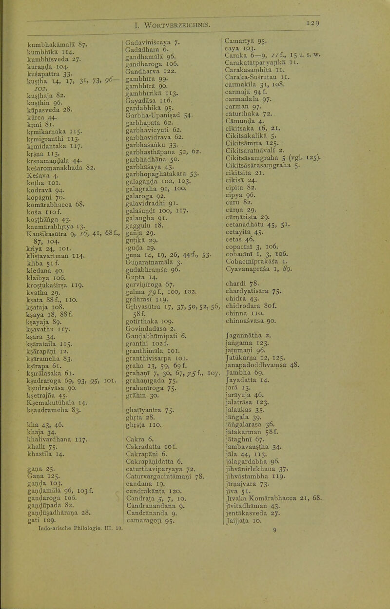 129 kumbhakänialä 87. kumbhlkä 114. kumbhisveda 27. kuranda 104. kusapattra 33. kustha 14, 17, 31. 73. 90— 102. kusthaja 82. kusthin 96. kflpasveda 28. kürca 44. krmi Si. krmikarnaka 115. krmigranthi 113. krmidantaka 117. krsna I13. krsnamandala 44. kesaromanakhada 82. Kesava 4. kotha 101. kodravä 94. kopägni 70. komärabhacca 68. kosa 110 f. kosthänga 43. kaumärabhrtya 13. Kausikasütra 9, 16, 41, 68 f., 87, 104. kfiya 24, 101. klistavartman 114. kliba S1 f. kledana 40. klaibya 106. krostukasirsa II9. kvätha 29. ksata 88f., iio. ksataja 108. ksaya l8, 88 f. ksayaja 89. ksavathu II7. ksära 34. ksärataila II5- ksärapäni 12. ksärameha 83. ksirapa 61. ksiralasaka 61. ksudraroga 69, 93, g^, 101. ksudrasväsa 90. ksetrajna 45- Ksemakiitühala 14. ksaudrameha 83. kha 43, 46. khaja 34. khalivardhana II7. khalll 75. khastila 14. gana 25. Gana 125. ganda 103. gandamälä 96, 103 f. gandaroga I06. gandüpada 82. gandüsadhärana 28. gati 109. Indo-arische Philologie, III. 10. Gadaviniäcaya 7. Gadädhara 6. gandhamälä 96. gandharoga 106. Gandharva 122. gambhlra 99. gambhirä 90. gambhirikä II3. Gayadäsa I16. gardabhikä 95. Garblia-Upanisad 54. garbhapäta 62. garbhavicyuti 62. garbhavidrava 62. garbhasanku 33. garbhasthäpana 52, 62. garbhädhäna 50. garbliäsaya 43. garbhopaghätakara 53. galaganda 100, 103. galagraha 91, loo. galaroga 92. galavidradhi 91. galasundl 100, 1I7- galaugha 91. guggulu 18. gunjä 29. gutikä 29. -guda 29. guna 14, 19^ 26, 44'f., 53- Gimaratnamälä 3. gudabhramsa 96. Gupta 14. gurviniroga 67. gulma 75 f., 100, 102. grdhrasi 119. Grhyasütra 17, 37,50.52,56, 58 f. gotirtliaka 109. Govindadäsa 2. Gaudabhümipati 6. granthi 102 f. granthimälä loi. grantliivisai-pa loi. graha 13, 59, 69 f. grahani 7, 30, 67, 75 f., 107. grahanigada 75- grahaniroga 75. grähin 30. ghatlyantra 75- ghrta 28. ghrsta HO. Cakra 6. Cakradatta 10 f. Cakrapäni 6. Cakrapänidatta 6. caturthaviparyaya 72. Caturvargacintämani 78. candana 19. candrakänta 120. Candrata 5, 7, lO- Candranandana 9. Candränanda 9. camaragolT 95. Camarlyä 95. caya 103. Caraka 6—9, //f^, 1511. s.w. CarakatätparyaUka 11. Carakasamhitä II. Caraka-Susrutau II. carmaklla 31, 108. carmajä 94 f. carmadala 97. carman 97. cäturthaka 72. Cämunda 4. cikitsaka 16, 21. Cikitsäkalikä 5- Cikitsämrta 125. Cikitsäratnävall 2. Cikitsäsamgraha 5 (vgl. 125). Cikitsäsärasamgraha 5. cikitsita 21. cikisä 24. cipita 82. cipya 96. curu 82. cürna 29. cürnärista 29. cetanädhätu 45, 51. cetayitä 45. cetas 46. copacinl 3, 106. cobacini I, 3, 106. Cobaclniprakäsa I. Cyavanapräsa I, 8g. chardi 78- chardyatisära 75- chidra 43. chidrodara 80 f. chinna lio. chinnasväsa 90. Jagannätha 2. jangama 123. jatumani 96. Jatükarna 12, 125. janapadoddhvamsa 48. Jambha 69. Jayadatta 14. jaiä 13. jaräyuja 46. jalaträsa 123. jalaukas 35. jängala 39. jängalarasa 36. jätakarman 58 f. jätaghni 67. jämbavaustha 34. jäla 44, 113. jälagardablia 96. jihvänirlekhana 37. jilivästamblia 119. jlrnajvara 73- jlva 51. Jlvaka Komärabhacca 21, 68. jlvitadhäman 43. jentäkasveda 27. Jaijjata 10.