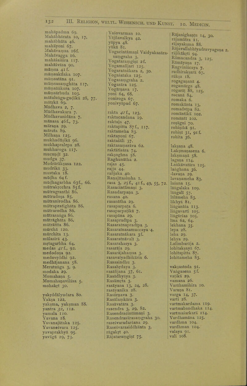 mahäpadma 69. Mahäbhärata 10, 17. mahfvbhüta 46. niahäyoni 67. r<Iahävamsa 16 f. Mahävagga 16. mahäsaisira 117. mahäsväsa 90. mämsa 41 f. mämsakllaka 107. mänisatäna 91. mämsasamghata Ii7, mämsäükura 107. mämsärbuda 103. mätulunga-gudikä 28, 77. mätrkä 69. Mädhava 2, 7. Mädhavakara 7. Mädhavanidäna 7. mänasa 46 f., 73. märana 29. märuta 89. Milhana 125. mukhadflsikä 96. mukhapralepa 28. mukharoga 117, mucundi 32. mudga 37. Mudräräksasa 122. mudrikä 33. mustaka i8. mfldha 64 f. müdhagarbha 63 f., 66. mütrakrcchra 85 f. mütragranthi 86. mütradosa 85. mütranirodha 86. mütrapratighäta 86. mütrarodha 86. mütrasanga 86. müträghäta 86. müträtlta 86. mürchä 120. mürchita 13. mülasirä 43. mrtagarbha 64. medas 4i{., 92. medodosa 92. medovrddhi 92. medhäjanana 58. Merutunga 3, 9. modaka 29. Momahana 5. Momahanaviläsa 5. mohakrt 30. yakrddälyudara 80. Yaksa 122. yaksma, yaksman 88. yantra 32, 112. yamala lio. Yavana 18. Yavanajätaka 125. Yavanesvara 125. yavaprakhyä 95. yaväga 29, 73. Yaäovarman 10. Y.^jnavalkya 42. yäpya 48. yaka 81. Yogacintfimani Vaidyakasära- samgralia 3. Yogataraingini 2 f. Vogamanjarl 125. Yogaratnäkara 2, 30. Yogaäataka 125. Yogasamgraha 2. Yogasära 125. Yogärnava 17. yoni 64, 68. yoniroga 67. yonivyäpad 67. rakta 4i{., 123. raktacandana 19. raktaja 47. raktapitta 87 f., 117. raktameha 83. raktayoni 67. raktasäli 37. raktasamsräva 62. raktätisära 74. raksoghna 58. Raghunätha 2. rajas 45. rajju 44. raiijaka 40. Ranajitasimha 1. rasa 3, 25 f., 41 f., 49, 55, 72. Rasacintämani 3. Rasadarpana 3. rasana 40. rasanätha 29. rasaparpata 6. rasaparpatikä 7. rasapäna 29. Rasapradipa 3. Rasaratnapradipa 3. Rasaratnasamuccaya 4. Rasaratnäkara 3 f. Rasaratnävall 3. Rasarahasya 3. rasaräja 29. Rasaräjahamsa 3. rasavatyadhikärin 6. Rasasindliu 3. Rasahrdaya 3. rasänjana 37, 61. Rasädhyäya 3. Rasämrta 3. rasäyana 13, 24, 28. rasäyanika 28. Rasärnava 3. Rasälamkära 3. Rasävatära 3. rasendra 3, 29, 82. Rasendracintämani 3. Rasendrasärasamgraha 30. rasesvaradarsana 29. Rasesvarasiddhänta 3. rägakrt 40. RäjataramginI 75. Räjanighantu 14, 30. r.äjamätra 11. räjayaksma 88. Räjavallabhiyadravyaguna 2. rajikakrti 94. Rämacandra 3, 125. Rämayana 17. Rugviniscaya 7. rudhiraksarä 67. rüksa 18. rogagananä 4. rogamärga 48. rogarät 88, 125. rocanä 84, romaka 6. romakänta 13. romadvipa 82. romäntikä 102. romänti 102, rosägni 70. rohinikä 91. roliini 31, 91 f. rohita 36, laksana 48. Laksmanasena 6. laksmanä 58. lagana 114. Laiikävatära 125. langhana 36. -lavana 29. lavanameha 83. lasuna 15. läugalaka 109. längall 57. lälämelia 83. likhyä 81. liäganäsa II3. liiigavarti 105. lirigärsas 105. llna 62, 64. lekhana 35. lepa 28. lelia 29. lehya 29. Lolimbaräja 2. lohitaksayä 67. lohitapitta 87. lohitamelia 83. vaksastoda 91. Vaiigasena 5 f. vatikä 29. vamana 26. Varähamihira 10. Varuna Sl. varga 14, 37. varti 28. vartmakardama II9. vartmabandliaka 114. vartmasarkarä 114. Vardhamäna 125. vardlima 104. vardhman 104. valaya 91. vali 108.