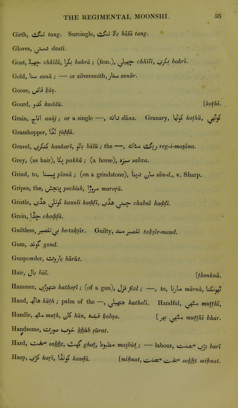 Girth, tang. Surcingle, t^A^ ^ala tang. Gloves, ^:^<i> dasfi. Goat, chJiilciy \Jj bakrd; (fern.), ^J^f- chhill, t^/j hakri. Gold, L-j sMwa ; — or silversmith, sunar. Goose, ^Jo(> kaz. Gourd, jJk^ kaddu. [kotkt. Grain, -.lil anaj; or a single —, <0U c?awa. Granary, kotha, Grasshopper, IIj tiddd. Gravel, lsJ^ kankari, hdlu ; the —, <Oll^ C^Jj reg-i-masdna. Grey, (as hair), pakkd ; (a horse), sahza. Grind, to, li—-J pisnd ; (on a grindstone), j^Lo sdn-d., v. Sharp. Gripes, the, ^^/i^J peckish, marord. Gristle,. c^Ia A;fl!MwZ'A haddi, ^_s'idi chahm haddl. Groin, chaddd. G\3Me^s,j^^ l)e-taksir. Guilty, Jo^^^ii; taksir-mand. Gum, Jj^f gowc?. Gunpowder, tl^jb fearw^. Hair, JV hdl. [thonknd. Hammer, Aa^7^on; (of a gun), Jji /^Z~, to, l3jU w5rwa, U<J^ Hand, ^a/A ; palm of the —, ^^L^ hathell. Handful, Handle, ^lU muth, kdn, kabza. ^IL^ mutthi bhar. Handsome, CLij^ u^^^ khub surat. Hard, saJdit, CL^ ghat, ^.li^ mazbut; — labour, ^u^^ ban Hasp, kafi, kondd. [mihnat, ^^-^ sakht mi/inat.