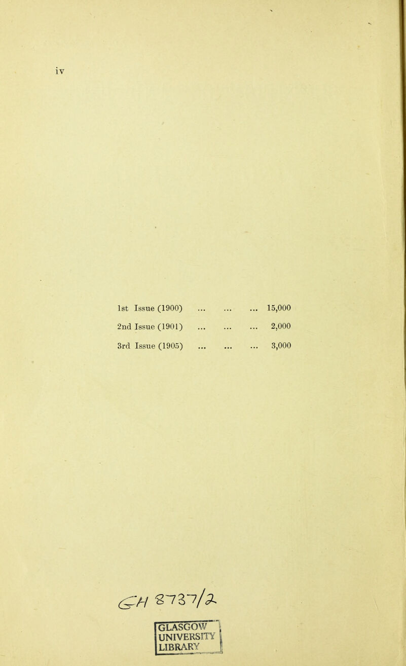 1st Issue (1900) 15,000 2nd Issue (1901) 2,000 3rd Issue (1905) 3,000 GLASGOW 1 UNIVERSITY j LIBRARY