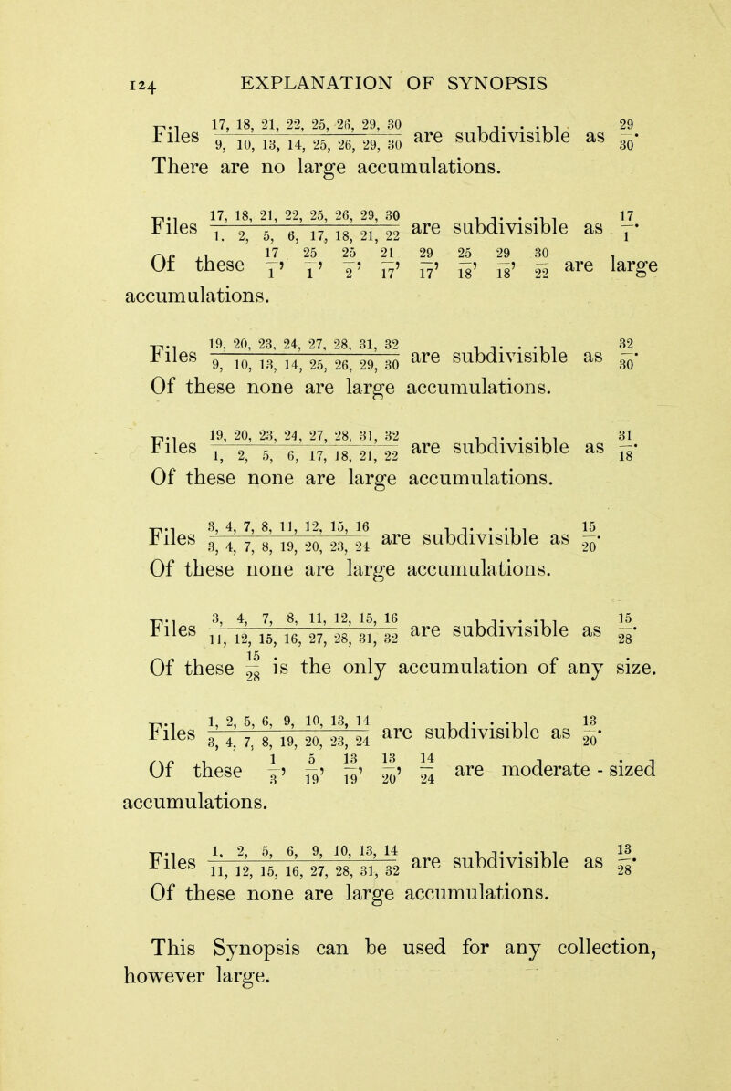 T-,., 17, 18, 21, 22, 25, 2ff, 29, 30 , -,. . . , 29 Files 9, 10, 13, 14, 25,26,29, Fo ^re subdivisible as 3- There are no large accumulations. 1^., 17, 18, 21, 22, 25, 26, 29, 30 , ,. . 17 riles -;—^—:—17 TQ 01 99 are subdivisible as 1. 2, 0, o, 17, 18, 21, 22 1 r\c ^1 17 25 25 21 29 25 29 30 , (Jr these -5 ^5 -5 ^5 ^ are large accumulations. 17*1 19, 20, 23, 24, 27, 28, 31, 32 -k/l- * 'K! - -*^i^es 9, 10,13,14,25,26,29,30 subdiYisible as Of these none are large accumulations. -p,., 19, 20, 23, 24, 27, 28. 31, 32 i t • -i i 31 riles -—^—^—6 17 i8~2i^ subdivisible as j^- Of these none are large accumulations. Files 3' 4 7 8 19' 20 23' 24 subdivisible as Of these none are large accumulations. Files 1^2,1^5, le, 27, 5 32 are subdivisible as 15 . Of these ^ is the only accumulation of any size. Files 3^ 4 7' 8^ 20,' 23^ 24 subdivisible as H' Of these ^5 ^' ^' ^ are moderate - sized accumulations. Files '2, '5, 16,27,28,31; 32 a^e subdivisible as |- Of these none are large accumulations. This Synopsis can be used for any collection, however large.