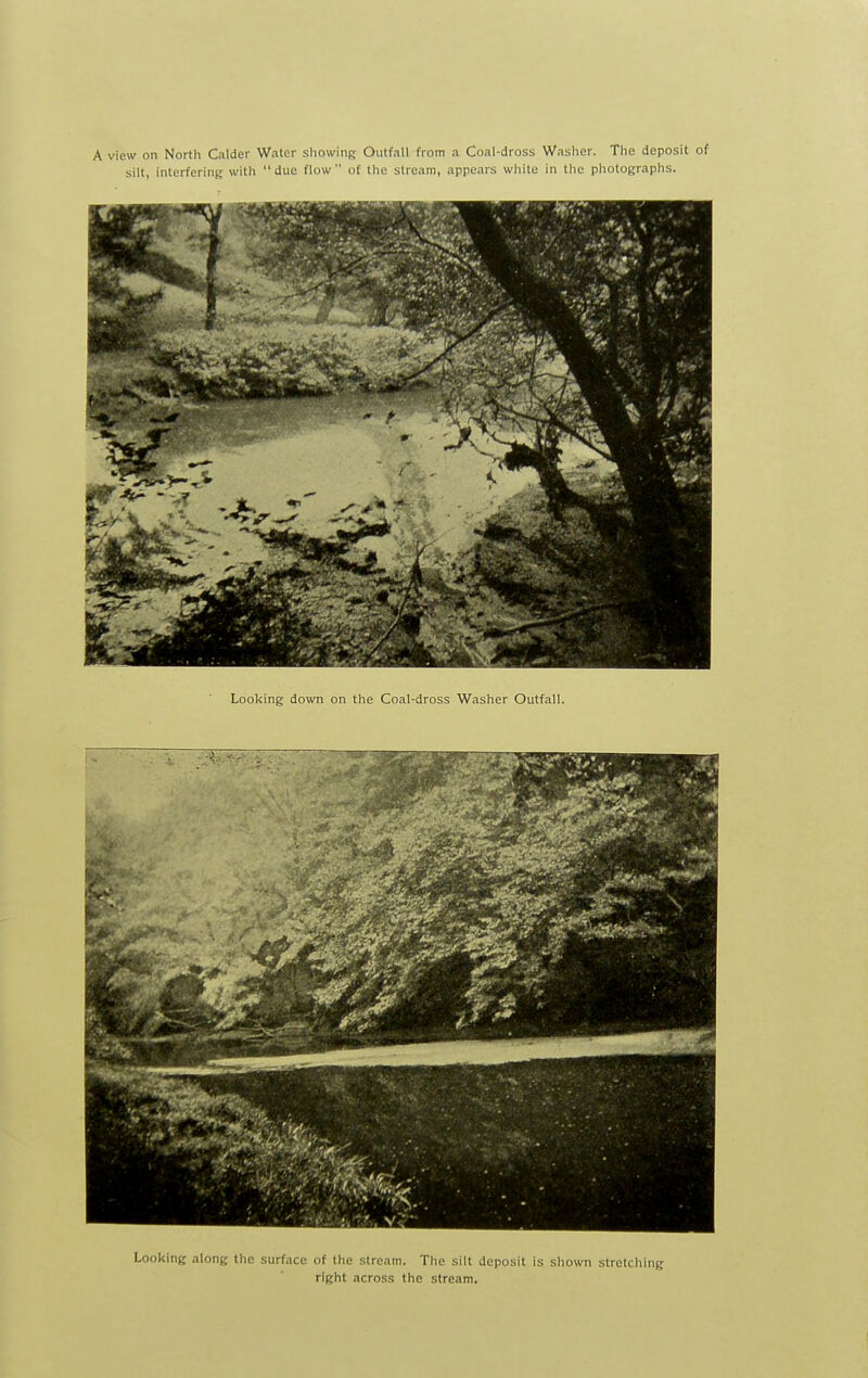 A view on North Calder Water showing Outfall from a Coal-dross Washer. The deposit of silt, interfering with due flow of the stream, appears white in the photographs. Looking along the surface of the stream. The silt deposit is shown stretching right across the stream.