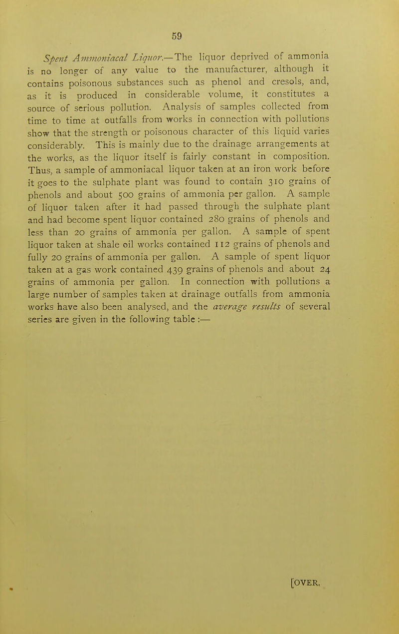 Spent Ammoniacal Liquor.—The liquor deprived of ammonia is no longer of any value to the manufacturer, although it contains poisonous substances such as phenol and cresols, and, as it is produced in considerable volume, it constitutes a source of serious pollution. Analysis of samples collected from time to time at outfalls from works in connection with pollutions show that the strength or poisonous character of this liquid varies considerably. This is mainly due to the drainage arrangements at the works, as the liquor itself is fairly constant in composition. Thus, a sample of ammoniacal liquor taken at an iron work before it goes to the sulphate plant was found to contain 310 grains of phenols and about 500 grains of ammonia per gallon. A sample of liquor taken after it had passed through the sulphate plant and had become spent liquor contained 280 grains of phenols and less than 20 grains of ammonia per gallon. A sample of spent liquor taken at shale oil works contained 112 grains of phenols and fully 20 grains of ammonia per gallon. A sample of spent liquor taken at a gas work contained 439 grains of phenols and about 24 grains of ammonia per gallon. In connection with pollutions a large number of samples taken at drainage outfalls from ammonia works have also been analysed, and the average results of several series are given in the following table:— [OVER.