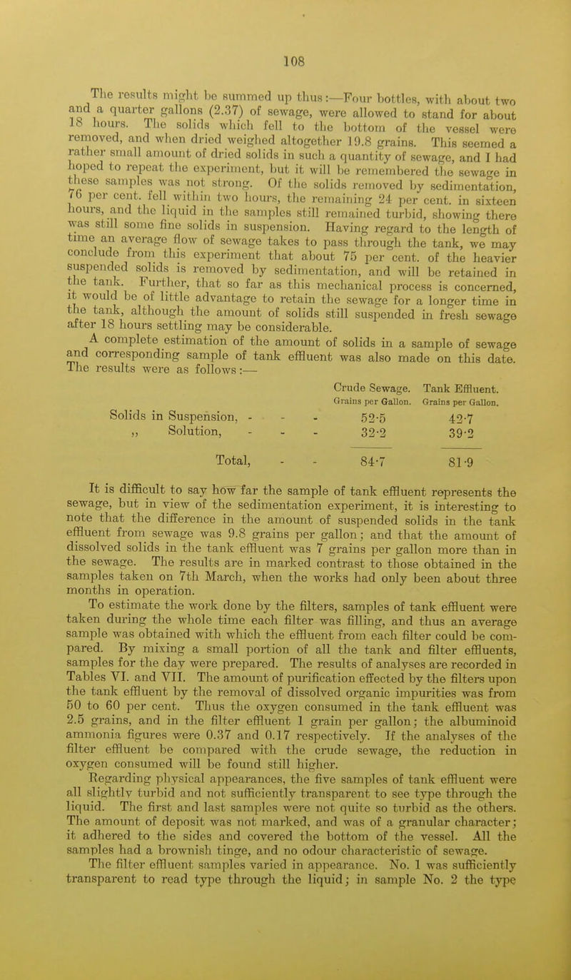 The results might be summed up thus:—Four hottles, with about two and a quarter gallons (2.37) of sewage, were allowed to stand for about lb hours. The solids which fell to the bottom of the vessel were removed, and when dried weighed altogether 19.8 grains. This seemed a rather small amount of dried solids in such a quantity of sewage, and I had hoped to repeat the experiment, but it will be remembered the sewage in these samples was not strong. Of the solids removed by sedimentation, 76 per cent, fell within two hours, the remaining 24 per cent, in sixteen hours, and the liquid in the samples still remained turbid, showing there was still some fine solids in suspension. Having regard to the length of time an average flow of sewage takes to pass through the tank, we may conclude from this experiment that about 75 per cent, of the heavier suspended solids is removed by sedimentation, and will be retained in the tank. Further, that so far as this mechanical process is concerned, it would be of little advantage to retain the sewage for a longer time in the tank, although the amount of solids still suspended in fresh sewage after 18 hours settling may be considerable. A complete estimation of the amount of solids in a sample of sewage and corresponding sample of tank effluent was also made on this date. The results were as follows:— Crude Sewage. Tank Effluent. Grains per Gallon. Grains per Gallon. Solids in Suspension, - - 52-5 42-7 „ Solution, - - - 32-2 39-2 Total, - - 84-7 81-9 It is difficult to say how far the sample of tank effluent represents the sewage, but in view of the sedimentation experiment, it is interesting to note that the difference in the amount of suspended solids in the tank effluent from sewage was 9.8 grains per gallon; and that the amount of dissolved solids in the tank effluent was 7 grains per gallon more than in the sewage. The results are in marked contrast to those obtained in the samples taken on 7th March, when the works had only been about three months in operation. To estimate the work done by the filters, samples of tank effluent were taken during the whole time each filter was filling, and thus an average sample was obtained with which the effluent from each filter could be com- pared. By mixing a small portion of all the tank and filter effluents, samples for the day were prepared. The results of analyses are recorded in Tables VI. and VII. The amount of purification effected by the filters upon the tank effluent by the removal of dissolved organic impurities was from 50 to 60 per cent. Thus the oxygen consumed in the tank effluent was 2.5 grains, and in the filter effluent 1 grain per gallon; the albuminoid ammonia figures were 0.37 and 0.17 respectively. If the analyses of the filter effluent be compared with the crude sewage, the reduction in oxygen consumed will be found still higher. Kegarding physical appearances, the five samples of tank effluent were all slightlv turbid and not sufficiently transparent to see type through the liquid. The first and last samples were not quite so turbid as the others. The amount of deposit wras not marked, and was of a granular character; it adhered to the sides and covered the bottom of the vessel. All the samples had a brownish tinge, and no odour characteristic of sewage. The filter effluent samples varied in appearance. No. 1 was sufficiently transparent to read type through the liquid; in sample No. 2 the type