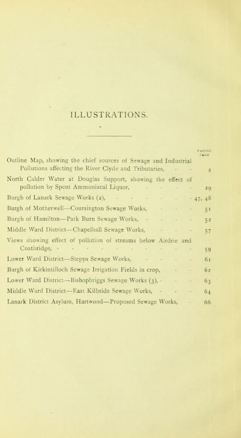 ILLUSTRATIONS. PAONO Outline Map, showing the chief sources of Sewage and Industrial Pollutions affecting the River Clyde and iVibutaries, - - 4 North Calder Water at Douglas Support, showing the effect of pollution by Spent Ammoniacal Liquor, 29 lUirgh of Lanark Sewage Works (2), - 47, 4S liurgh of Motherwell—Coursington Sewage Works, 51 lUirgh of Hamilton—Park Burn Sewage Works, - 5; Middle Ward District—Chapelhall Sewage \\ orks. 57 Views showing effect of pollution of streams below Airdrie and Coatbridge, - - - . 5^ Lower Ward District—Stepps Sewage Works, 61 Hurgh of Kirkintilloch Sewage Irrigation Fields in crop, 6: Lower Ward District—Bishopbriggs Sewage Works (3), 63 Middle W.ird District—Hast Kilbride Sewage Works, - - - 64 Lanark District Asylum, Hartwood—Proposed Sewage Works, 66