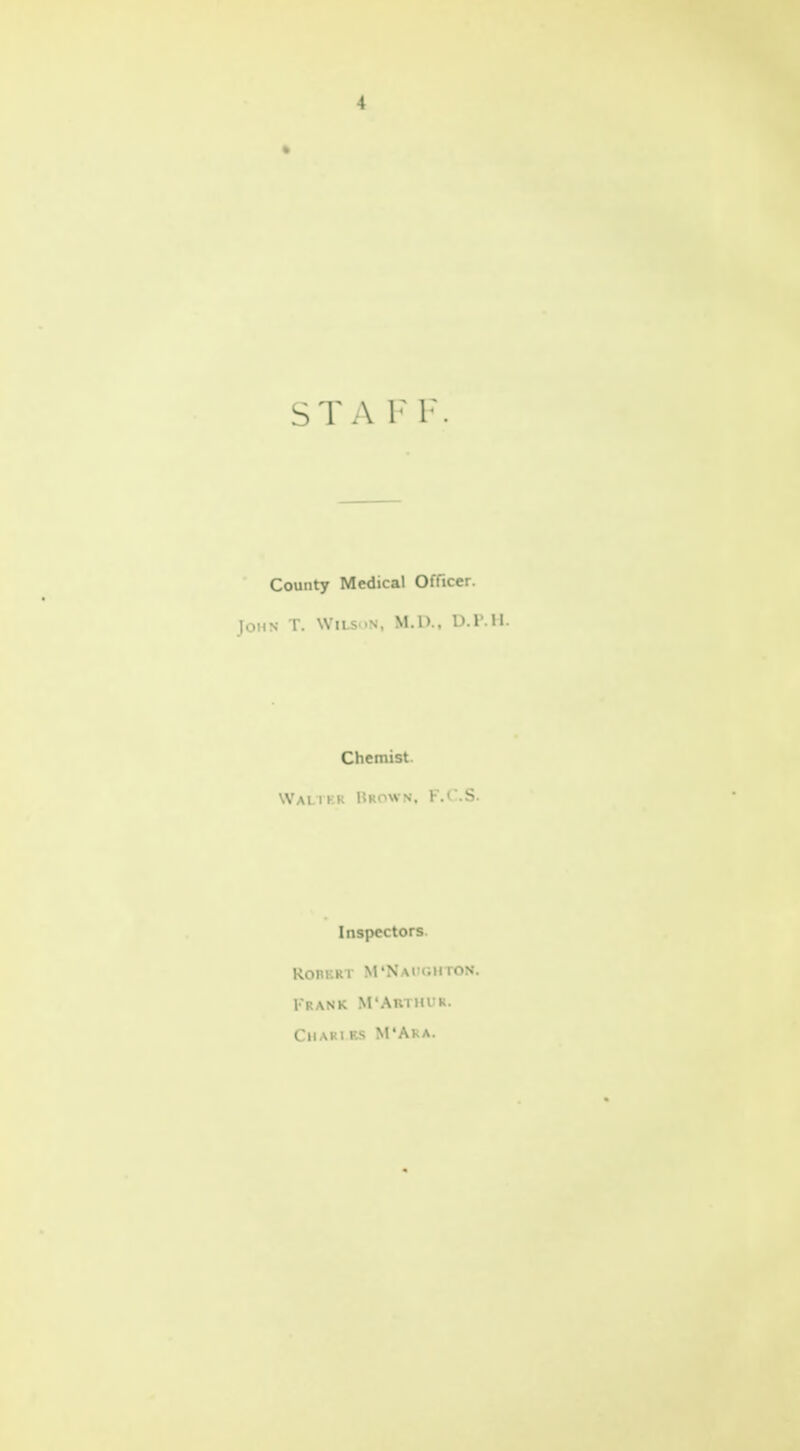 ST A V V. County Medical Ofncer. John T. Wils.-n. M.U.. U.r.ll. Chemist. Walikr Brown, F.C.S. Inspectors. ROBKRT M'NaIT.HTON. Frank M'Arthvr. ClIARIRS M'Aka.