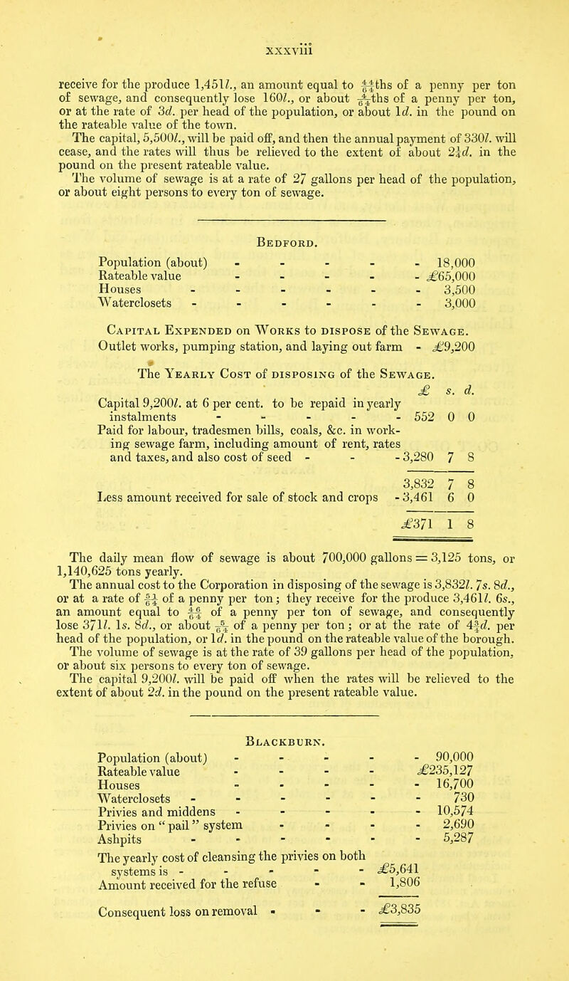 receive for the produce \,45\l., an amount equal to |f ths of a penny per ton of sewage, and consequently lose 160/., or about -g^ths of a penny per ton, or at the rate of 3d. per head of the population, or about Id. in the pound on the rateable value of the town. The capital, 5,500/., will be paid off, and then the annual payment of 330/. will cease, and the rates will thus be relieved to the extent of' about 2id. in the pound on the present rateable value. The volume of sewage is at a rate of 27 gallons per head of the population, or about eight persons to every ton of sewage. Bedford. Population (about) ..... 18,000 Rateable value ..... ,£65,000 Houses ...... 3,500 Waterclosets ------ 3,000 Capital Expended on Works to dispose of the Sewage. Outlet works, pumping station, and laying out farm - .£9,200 The Yearly Cost of disposing of the Sewage. £ s. d. Capital 9,200/. at 6 per cent, to be repaid in yearly instalments ----- 552 0 0 Paid for labour, tradesmen bills, coals, &c. in work- ing sewage farm, including amount of rent, rates and taxes, and also cost of seed - - - 3,280 7 S 3,832 7 8 Less amount received for sale of stock and crops - 3,461 6 0 .£371 1 8 The daily mean flow of sewage is about 700,000 gallons = 3,125 tons, or 1,140,625 tons yearly. The annual cost to the Corporation in disposing of the sewage is 3,832/. 7s. 8d., or at a rate of f| of a penny per ton; they receive for the produce 3,461/. 6s., an amount equal to || of a penny per ton of sewage, and consequently lose 371/. Is. 8d., or about of a penny per ton ; or at the rate of 4%d. per head of the population, or Id. in the pound on the rateable value of the borough. The volume of sewage is at the rate of 39 gallons per head of the population, or about six persons to every ton of sewage. The capital 9,200/. will be paid off when the rates will be relieved to the extent of about 2d. in the pound on the present rateable value. Blackburn. Population (about) - - - - - 90,000 Rateable value ... - ,£235,127 Houses 16,700 Waterclosets - 730 Privies and middens ----- 10,574 Privies on  pail system .... 2,690 Ashpits 5,287 The yearly cost of cleansing the privies on both systems is - - - - - <£5,641 Amount received for the refuse - - 1,806 Consequent loss on removal ,£3,835