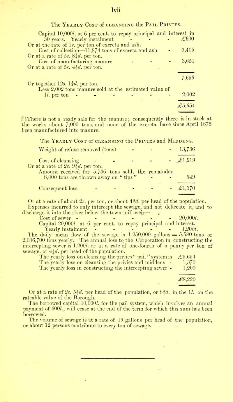 The Yearly Cost of cleansing the Pail Privies. Capital 10,000?. at 6 per cent, to repay principal and interest in 30 years. Yearly instalment - - - =£600 Or at the rate of Is. per ton of excreta and ash. Cost of collection—11,874 tons of excreta and ash - 3,405 Or at a rate of 5s. 8frf. per ton. Cost of manufacturing manure 3.651 Or at a rate of 5s. A\d. per ton. 7,656 Or together 12s. \\d. per ton. Less 2,002 tons manure sold at the estimated value of U. per ton 2,002 £5,654 p iThere is not a ready sale for the manure; consequently there is in stock at the works about 7,000 tons, and none of the excreta have since April 1875 been manufactured into manure. The Yearly Cost of cleansing the Privies and Middens. Weight of refuse removed (tons) ... 13,736 Cost of cleansing ..... ,£1,919 Or at a rate of 2s. 9±d. per ton. Amount received for 5,736 tons sold, the remainder 8,000 tons are thrown away on  tips  - - 549 Consequent loss ..... ,£1,370 Or at a rate of about 2s. per ton, or about 4%d. per head of the population. Expenses incurred to only intercept the sewage, and not defecate it, and to discharge it into the river below the town mill-weir— „. Cost of sewer - - - - - - 20,000?. Capital 20,000/. at 6 per cent, to repay principal and interest. Yearly instalment ----- 1,200?. The daily mean flow of the sewage is 1,250,000 gallons = 5,580 tons or 2,O.':S6,700 tons yearly. The annual loss to the Corporation in constructing the intercepting sewer is 1,200?. or at a rate of one-fourth of a penny per ton of sewage, or 4±d. per head of the population. The yearly loss on cleansing the privies  pail system is £5,654 The yearly loss on cleansing the privies and middens - 1,370 The yearly loss in constructing the intercepting sewer - 1,200 £8,220 Or at a rate of 2s. 5\d. per head of the population, or 8%d. in the 1?. on the rateable value of the Borough. The borrowed capital 10,000?. for the pail system, which involves an annual payment of 600?., will cease at the end of the term for which this sum has been borrowed. The volume of sewage is at a rate of 19 gallons per head of the population, or about 12 persons contribute to every ton of sewage.