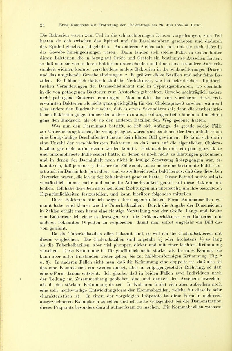 Die Bakterien waren zum Teil in die schlauchförmigen Drüsen vorgedrungen, zum Teil hatten sie sich zwischen das Epithel und die Basalmembran geschoben und dadurch das Epithel gleichsam abgehoben. An anderen Stellen sah man, daß sie auch tiefer in das Gewebe hineingedrungen waren. Dann fanden sich solche Fälle, in denen hinter diesen Bakterien, die in bezug auf Größe und Gestalt ein bestimmtes Aussehen hatten, so daß man sie von anderen Bakterien unterscheiden und ihnen eine besondere Aufmerk- samkeit widmen konnte, verschiedene andere Bakterien in die schlauchförmigen Drüsen und das umgebende Gewebe eindrangen, z. B. größere dicke Bazillen und sehr feine Ba- zillen. Es bilden sich dadurch ähnliche Verhältnisse, wie bei nekrotischen, diplitheri- tischen Veränderungen der Darmschleimhaut und in Tjrphusgeschwüren, avo ebenfalls in die von pathogenen Bakterien zum Absterben gebrachten Gewebe nachträgUch andere nicht pathogene Bakterien eindringen. Man mußte also von vornherein diese erst- erwähnten Bakterien als nicht ganz gleichgültig für den Choleraprozeß ansehen, während alles andere den Eindruck machte, daß es etwas Sekundäres sei; denn die erstbeschrie- benen Bakterien gingen immer den anderen voraus, sie drangen tiefer hinein und machten ganz den Eindruck, als ob sie den anderen Bazillen den Weg geebnet hätten. Was nun den Darminhalt betrifft, so ließ sich anfangs, da gerade solche FäUe zur Untersuchung kamen, die wenig geeignet waren und bei denen der Darminhalt schon eine blutig-fauHge Beschaffenheit hatte, kein klares Bild gewinnen. Es fand sich darin eine Unzahl der verschiedensten Bakterien, so daß man auf die eigenthchen Cholera- bazillen gar nicht aufmerksam werden konnte. Erst nachdem ich ein paar ganz akute und unkomplizierte Fälle seziert hatte, in denen es noch nicht zu Blutungen gekommen und in denen der Darminhalt noch nicht in faulige Zersetzung übergegangen war, er- kannte ich, daß je reiner, je frischer die Fälle sind, um so mehr eine bestimmte Bakterien- art auch im Darminhalt prävaliert, und es stellte sich sehr bald heraus, daß dies dieselben Bakterien waren, die ich in der Schleimhaut gesehen hatte. Dieser Befund mußte selbst- verständlich immer mehr und mehr die Aufmerksamkeit gerade auf diese Bakterienart lenken. Ich habe dieselben also nach allen Richtungen hin untersucht, um ihre besonderen Eigentümlichkeiten festzustellen, und kann hierüber folgendes mitteilen. Diese Bakterien, die ich wegen ihrer eigentümhchen Form Kommabazillen ge- nannt habe; sind kleiner wie die Tuberkelbazillen. Durch die Angabe der Dimensionen in Zahlen erhält man kaum eine richtige Vorstellung von der Größe, Länge und Breite von Bakterien; ich ziehe es deswegen vor, die Größen Verhältnisse von Bakterien mit anderen bekannten Objekten zu vergleichen, damit man sofort ungefähr ein Bild da- von gewinnt. Da die Tuberkelbazillen allen bekannt sind, so will ich die Cholerabakterien mit diesen vergleichen. Die Cholerabazillen sind ungefähr % oder höchstens % so lang als die Tuberkelbazillen, aber viel plumper, dicker und mit einer leichten Kj-ümmung versehen. Diese Krümmung ist für gewöhnlich nicht stärker als die eines Komma; sie kann aber unter Umständen weiter gehen, bis zur halbkreisförmigen Krümmung (Fig. 2 u. 3). In anderen Fällen sieht man, daß die Krümmung eine doppelte ist, daß also an das eine Komma sich ein zweites anlegt, aber in entgegengesetzter Richtung, so daß eine s-Form daraus entsteht. Ich glaube, daß in beiden Fällen zwei Individuen nach der Teilung im Zusammenhang gebüeben sind und danach den Anschein erwecken, als ob eine stärkere Krümmung da sei. In Kulturen findet sich aber außerdem noch eine sehr merkwürdige Entwicklungsform der Kommabazillen, welche für dieselbe sehr charakteristisch ist. In einem der vorgelegten Präparate ist diese Form in mehreren ausgezeichneten Exemplaren zu sehen und ich hatte Gelegenheit bei der Demonstration dieses Präparats besonders darauf aufmerksam zu machen. Die Kommabazillen wachsen