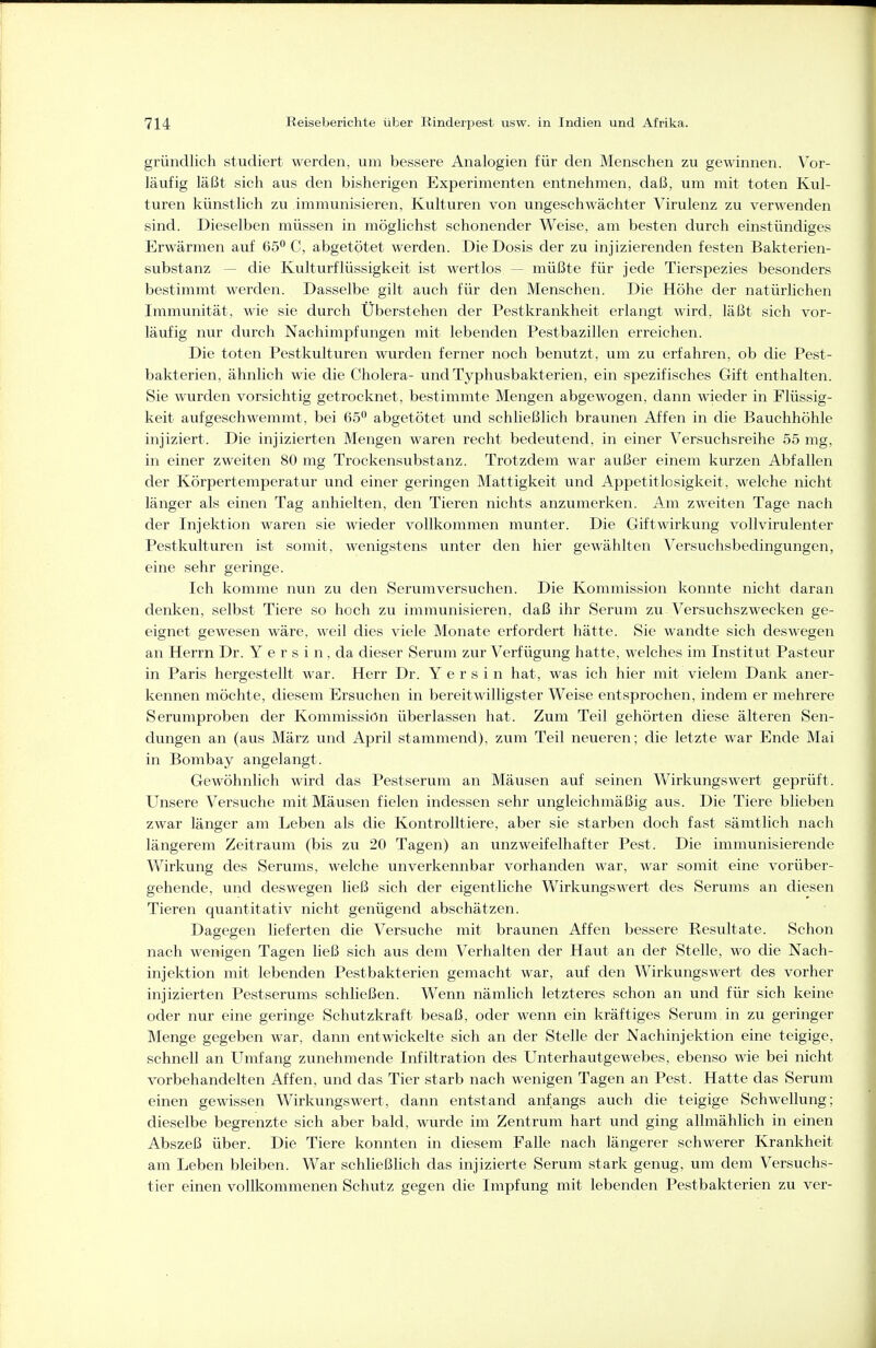 gründlich studiert werden, um bessere Analogien für den Menschen zu gewinnen. Vor- läufig läßt sich aus den bisherigen Experimenten entnehmen, daß, um mit toten Kul- turen künstlich zu immunisieren, Kulturen von ungeschwächter Virulenz zu verwenden sind. Dieselben müssen in möglichst schonender Weise, am besten durch einstündiges Erwärmen auf 65'' C, abgetötet werden. Die Dosis der zu injizierenden festen Bakterien- substanz — die Kulturflüssigkeit ist wertlos — müßte für jede Tierspezies besonders bestimmt werden. Dasselbe gilt auch für den Menschen. Die Höhe der natürhchen Immunität, wie sie durch Überstehen der Pestkrankheit erlangt wird, läßt sich vor- läufig nur durch Nachimpfungen mit lebenden Pestbazillen erreichen. Die toten Pestkulturen wurden ferner noch benutzt, um zu erfahren, ob die Pest- bakterien, ähnhch wie die Cholera- und Typhusbakterien, ein spezifisches Gift enthalten. Sie wurden vorsichtig getrocknet, bestimmte Mengen abgewogen, dann wieder in Flüssig- keit aufgeschwemmt, bei 65 abgetötet und schließlich braunen Affen in die Bauchhöhle injiziert. Die injizierten Mengen waren recht bedeutend, in einer Versuchsreihe 55 mg, in einer zweiten 80 mg Trockensubstanz. Trotzdem war außer einem kurzen Abfallen der Körpertemperatur und einer geringen Mattigkeit und Appetitlosigkeit, welche nicht länger als einen Tag anhielten, den Tieren nichts anzumerken. Am zweiten Tage nach der Injektion waren sie wieder vollkommen munter. Die Giftwirkung vollvirulenter Pestkulturen ist somit, wenigstens unter den hier gewählten Versuchsbedingungen, eine sehr geringe. Ich komme nun zu den Serumversuchen. Die Kommission konnte nicht daran denken, selbst Tiere so hoch zu immunisieren, daß ihr Serum zu Versuchszwecken ge- eignet gewesen wäre, weil dies viele Monate erfordert hätte. Sie wandte sich deswegen an Herrn Dr. Y e r s i n, da dieser Serum zur Verfügung hatte, welches im Institut Pasteur in Paris hergestellt war. Herr Dr. Y e r s i n hat, was ich hier mit vielem Dank aner- kennen möchte, diesem Ersuchen in bereitwilligster Weise entsprochen, indem er mehrere Serumproben der Kommission überlassen hat. Zum Teil gehörten diese älteren Sen- dungen an (aus März und April stammend), zum Teil neueren; die letzte war Ende Mai in Bombay angelangt. Gewöhnlich wird das Pestserum an Mäusen auf seinen Wirkungswert geprüft. Unsere Versuche mit Mäusen fielen indessen sehr ungleichmäßig aus. Die Tiere blieben zwar länger am Leben als die Kontrolltiere, aber sie starben doch fast sämtlich nach längerem Zeitraum (bis zu 20 Tagen) an unzweifelhafter Pest. Die immunisierende Wirkung des Serums, welche unverkennbar vorhanden war, war somit eine vorüber- gehende, und deswegen ließ sich der eigentliche Wirkungswert des Serums an diesen Tieren quantitativ nicht genügend abschätzen. Dagegen lieferten die Versuche mit braunen Affen bessere Resultate. Schon nach wenigen Tagen ließ sich aus dem Verhalten der Haut an der Stelle, wo die Nach- injektion mit lebenden Pestbakterien gemacht war, auf den Wirkungswert des vorher injizierten Pestserums schließen. Wenn nämlich letzteres schon an und für sich keine oder nur eine geringe Schutzkraft besaß, oder wenn ein kräftiges Serum, in zu geringer Menge gegeben war, dann entwickelte sich an der Stelle der Nachinjektion eine teigige, schnell an Umfang zunehmende Infiltration des Unterhautgewebes, ebenso wie bei nicht vorbehandelten Affen, und das Tier starb nach wenigen Tagen an Pest. Hatte das Serum einen gewissen Wirkungswert, dann entstand anfangs auch die teigige Schwellung; dieselbe begrenzte sich aber bald, wurde im Zentrum hart und ging allmählich in einen Abszeß über. Die Tiere konnten in diesem Falle nach längerer schwerer Krankheit am Leben bleiben. War schließlich das injizierte Serum stark genug, um dem Versuchs- tier einen vollkommenen Schutz gegen die Impfung mit lebenden Pestbakterien zu ver-