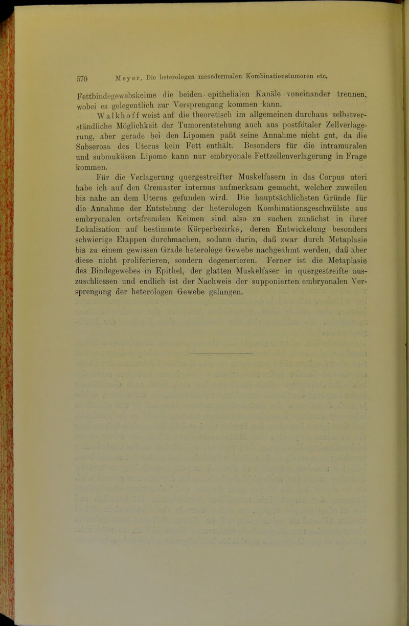 Fettbindogewebskeime die beiden epithelialen Kanäle voneinander trennen, wobei es gelegentlich zur Versprengung kommen kann. Walkhoff weist auf die theoretisch im allgemeinen durchaus selbstver- ständliche Möglichkeit der Tumorentstehung auch aus postfötaler Zellverlage- rung, aber gerade bei den Lipomen paßt seine Annahme nicht gut, da die Subserosa des Uterus kein Fett enthält. Besonders für die intrarauralen und submukösen Lipome kann nur embryonale Fettzellenverlagerung in Frage kommen. Für die Verlagerung quergestreifter Muskelfasern in das Corpus uteri habe ich auf den Cremaster internus aufmerksam gemacht, welcher zuweilen bis nahe an dem Uterus gefunden wird. Die hauptsächlichsten Gründe für die Annahme der Entstehung der heterologen Kombinationsgeschwülste aus embryonalen ortsfremden Keimen sind also zu suchen zunächst in ihrer Lokalisation auf bestimmte Körperbezirke, deren Entwickelung besonders schwierige Etappen durchmachen, sodann darin, daß zwar durch Metaplasie bis zu einem gewissen Grade heterologe Gewebe nachgeahmt werden, daß aber diese nicht proliferieren, sondern degenerieren. Ferner ist die Metaplasie des Bindegewebes in Epithel, der glatten Muskelfaser in quergestreifte aus- zuschliessen und endlich ist der Nachweis der supponierten embryonalen Ver- sprengung der heterologen Gewebe gelungen.