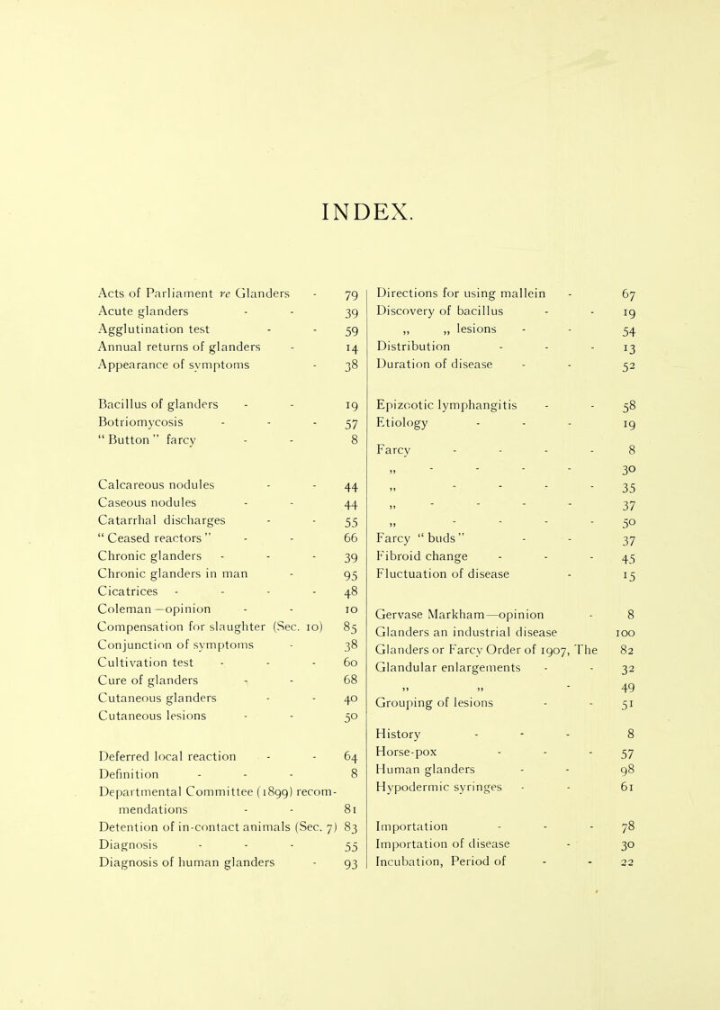 INDEX. Acts of Parliament re Glanders - 79 Acute glanders - - 39 Agglutination test - - 59 Annual returns of glanders - 14 Appearance of symptoms - 38 Bacillus of glanders - - 19 Botriomycosis - - 57  Button farcy - - 8 Calcareous nodules - - 44 Caseous nodules - - 44 Catarrhal discharges - - 55  Ceased reactors - - 66 Chronic glanders - - 39 Chronic glanders in man - 95 Cicatrices - - - - 48 Coleman—opinion - - 10 Compensation for slaughter (Sec. 10) 85 Conjunction of symptoms - 38 Cultivation test - - - 60 Cure of glanders ^ - 68 Cutaneous glanders - - 40 Cutaneous lesions - - 50 Deferred local reaction - - 64 Definition . . . 8 Departmental Committee (1899) recom- mendations - - 81 Detention of in-contact animals (Sec. 7) 83 Diagnosis ... 55 Diagnosis of human glanders - 93 Directions for using mallein - 67 Discovery of bacillus - - ig ,, ,, lesions - - 54 Distribution - - '13 Duration of disease - - 52 Epizootic lymphangitis - - 58 Etiology ... ig Farcy - - - - 8 „ - - - 30 - - - - 35 37 - - - - 50 Farcy  buds - - 37 Fibroid change - - - 45 Fluctuation of disease - 15 Gervase Markham—opinion - 8 Glanders an industrial disease 100 Glanders or Farcy Order of 1907, The 82 Glandular enlargements - - 32 „ - 49 Grouping of lesions - - 51 History - - - 8 Horse-pox - - '57 Human glanders - - 98 Hypodermic syringes - - 61 Importation - - - 78 Importation of disease - 30 Incubation, Period of - - 22