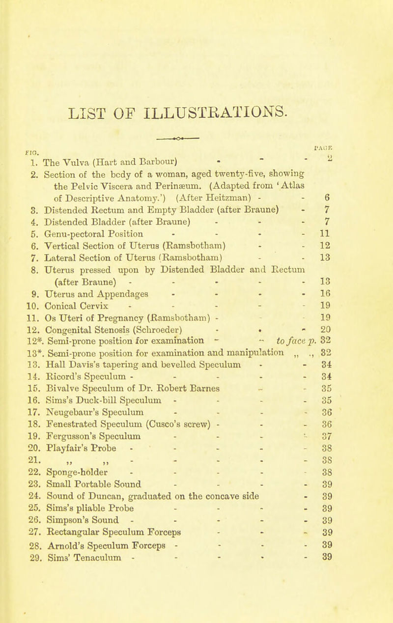 LIST OF ILLUSTRATIONS. 1. The Vulva (Hart and Barbour) 2. Section of the body of a woman, aged twenty-five, showing the Pelvic Viscera and Perinaeum. (Adapted from ' Atlas of Descriptive Anatomy.') (After Heitzman) - - 6 3. Distended Rectum and Empty Bladder (after Braune) - 7 4. Distended Bladder (after Braune) - - - 7 5. Genu-pectoral Position - - - - 11 6. Vertical Section of Uterus (Ramsbotham) - - 12 7. Lateral Section of Uterus (Ramsbotham) - - 13 8. Uterus pressed upon by Distended Bladder and Rectum (after Braune) - - • - - 13 9. Uterus and Appendages - - - - 16 10. Conical Cervix - - - - - 19 11. Os Uteri of Pregnancy (Ramsbotham) - - 19 12. Congenital Stenosis (Schroeder) - • - 20 12*. Semi-prone position for examination - ~ to face p. 32 13*. Semi-prone position for examination and manipulation „ ., 32 13. Hall Davis's tapering and bevelled Speculum - - 34 14. Ricord's Speculum - - - - - 34 15. Bivalve Speculum of Dr. Robert Barnes - - 35 16. Sims's Duck-bill Speculum - - - - 35 17. Neugebaur's Speculum - - - - 36 18. Fenestrated Speculum (Cusco's screw) - - - 36 19. Fergusson's Speculum - - - - 37 20. Playfair's Probe - - - - - 38 21. - - - • - 38 22. Sponge-holder - - - - - 38 23. Small Portable Sound - - - - 39 24. Sound of Duncan, graduated on the concave side - 39 25. Sims's pliable Probe - - - - 39 26. Simpson's Sound - - - - - 39 27. Rectangular Speculum Forceps - - - 39 28. Arnold's Speculum Forceps - - - - 39 29. Sims' Tenaculum - - - • - 39