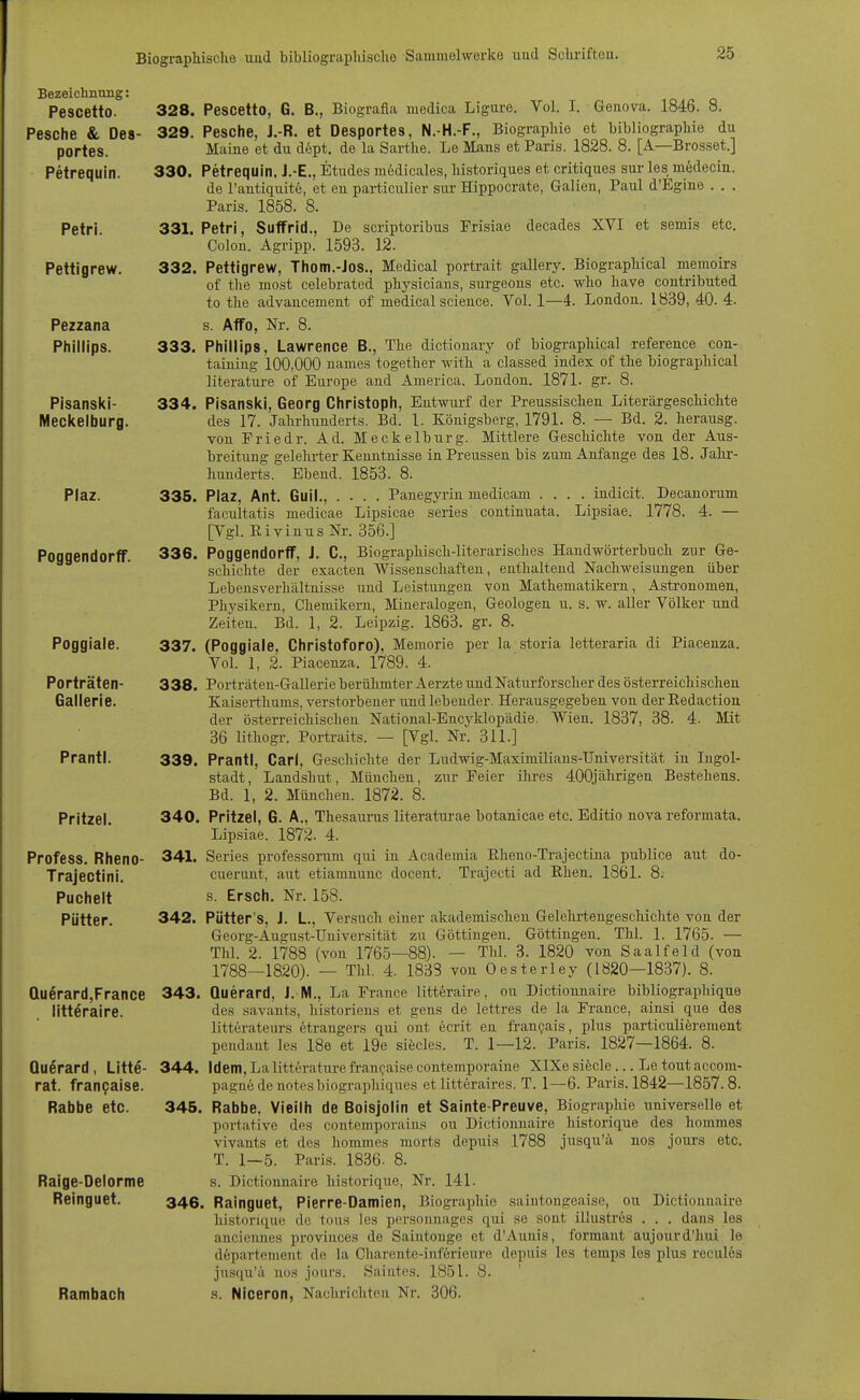 Bezeichnung: Pescetto. 328. Pesche & Des- 329. Portes. Petrequin. 330. Petri. 331. Pettigrew. 332. Pezzana Phillips. 333. Pisansici- 334. Meckelburg. Plaz. 335. Poggendorff. 336. Poggiale. 337. Porträten- 338. Galierie. Prantl. 339. Pritzel. 340. Profess. Rheno- 341. Trajectini. Puchelt Pütter. 342. Querard,France 343 litteraire. Quirard, Litte- 344. rat. francaise. Rabbe etc. 345, Raige-Delorme Reinguet. 345 Rambach Pescetto, G. B., Biografia medica Ligure. Vol. I. Genova. 1846. 8. Pesche, J.-R. et Desportes, N.-H.-F., Biograpliie et bibliographie du Maine et du d6pt. de la Sartlie. Le Mans et Paris. 1828. 8. [A—Brosset.] Petrequin, J.-E., Etudes m6dicales, liistoriques et critiques sur les medecin. de l'antiquite, et en particulier sur Hippocrate, Galien, Paul d'Egine . . . Paris. 1858. 8. Petri, Suffrid., De scriptoribus Prisiae decades XVI et semis etc. Colon. Agripp. 1593. 12. Pettigrew, Thom.-Jos., Medical portrait gallery. BiograpMcal memoirs of tlie most celebrated physicians, surgeons etc. wlio have contributed to tlie advaucement of medical science. Vol. 1—4. London. 1839, 40. 4. s. Affo, Nr. 8. Phillips, Lawrence B., The dictiouary of biographical refereuce con- taining 100,000 names together with a classed index of the biographical literature of Europa and America. London. 1871. gr. 8. Pisansl(i, Georg Christoph, Entwurf der Preussischen Literärgeschichte des 17. Jahrhunderts. Bd. 1. Königsberg, 1791. 8. — Bd. 2. herausg. von Friedr. Ad. Meckelburg. Mittlere Geschichte von der Aus- breitung gelelu-ter Kenntnisse inPreussen bis zum Anfange des 18. Jalu-- hunderts. Ebend. 1853. 8. Plaz, Ant. Gull., .... Panegyrin medicam .... iudicit. Decanorum facultatis medicae Lipsicae series continuata. Lipsiae. 1778. 4. — [Vgl. Ri Vinns Nr. 356.] Poggendorff, J. C, Biographisch-literarisches Handwörterbuch zur Ge- schichte der exacten Wissenschaften, enthaltend Nachweisungen über Lebensverhältnisse und Leistungen von Mathematikern, Astronomen, Physikern, Chemikern, Mineralogen, Geologen u. s. w. aller Völker und Zeiten. Bd. 1, 2. Leipzig. 1863. gr. 8. (Poggiale, Christoforo), Memorie per la storia letteraria di Piacenza. Vol. 1, 2. Piacenza. 1789. 4. Porträten-Gallerie berühmter Aerzte und Naturforscher des österreichischen Kaiserthums, verstorbener und lebender. Herausgegeben von derRedaction der österreichischen National-Encyklopädie. Wien. 1837, 38. 4. Mit 36 lithogr. Poi-traits. — [Vgl. Nr. 311.] Prantl, Carl, Gescliichte der Ludwig-Maximiliaus-Universität in Ingol- stadt, Landshut, München, zur Feier ihres 400jährigen Bestehens. Bd. 1, 2. München. 1872. 8. Pritzel, G. A., Thesaunis literaturae botanicae etc. Editio nova reformata. Lipsiae. 1872. 4. Series professorum qui in Academia Rlieuo-Trajectina publice aut do- cuerunt, aut etiamnunc docent. Trajecti ad Rhen. 1861. 8. s. Ersch. Nr. 158. Pütter's, J. L., Versuch einer akademischen Gelelu'teugeschichte von der Georg-August-Uuiversität zu Göttingen. Göttingen. Thl. 1. 1765. — Thl. 2. 1788 (von 1765—88). — Thl. 3. 1820 von Saalfeld (von 1788—1820). — Thl. 4. 1833 von Oesterley (1820—1837). 8. Querard, J. M., La France litteraire, ou Dictionnaire bibliographique des savants, historiens et gens de lettres de la France, ainsi que des litterateurs etrangers qui ont ecrit en franijais, plus particuHöremont pendant les 18e et 19e siecles. T. 1—12. Paris. 1827—1864. 8. Idem, La litt6rature franpaise contemporaine XIXe sifecle... Le tout acconi- pagnii de notesbiographiques et litteraires. T. 1—6. Paris. 1842—1857.8. , Rabbe, Vieilh de Boisjolin et Sainte-Preuve, Biographie universelle et portative des contemporains ou Dictionnaire historique des hommes vivants et des hommes morts depuis 1788 jusqu'ä nos jours etc. T. 1—5. Paris. 1836- 8. s. Dictionnaire historique, Nr. 141. . Rainguet, Pierre-Damien, Biographie saintongeaise, ou Dictionnaire lüstorKiuo de tous les persoiinagcs qui se sont illustres . . . dans les anciennes proviuces de Saiutonge et d'Aunis, formaut aujourd'hui le departeinent de la Charente-inf6rieure depuis les temps les plus recules ju.squ'a nos jours. Saintes. 1851. 8. s. Niceron, Nachrichten Nr. 306.