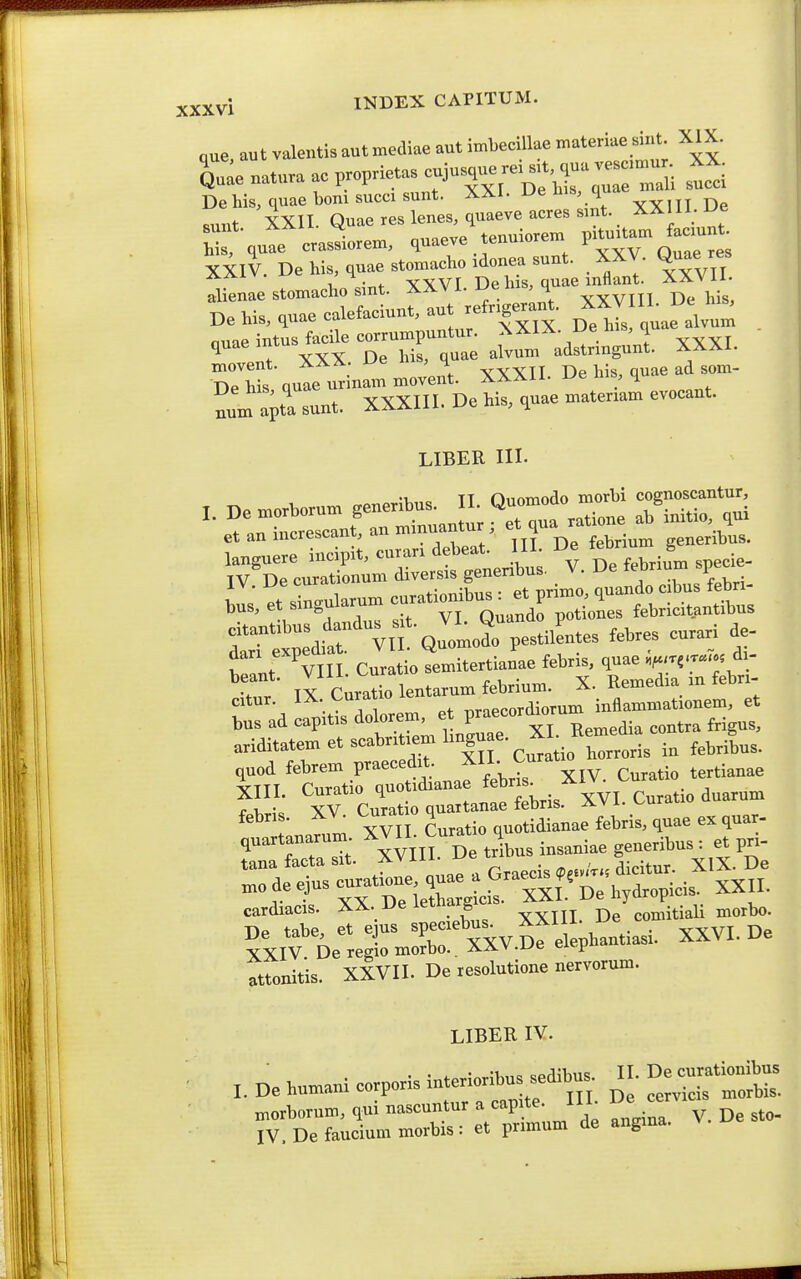 nue, aut valentis aut mediae aut imbeciUae materiae siut XIX. ^Qu^e uaeura ac propieta, <^^-^^~, ^ W d-e cralrem, ,u.eve teuuioreu, P--^™ Xiiv. De ,uae stom.c.„ .done. s^^^^^^ XXV. Quae ,e, alienae stomaclio smt. XXVI. lJems, q . Dehis,ciuaecalefaciunt,aut refr.ge^an^. ^XJ^^^^^^^^^^ auae intus facile corrumpuntur. X XIA. IJe nis q quae iin- ^^^^^ adstringunt. XXXI. movent. XXX. ue nib, h . ^ g^,^. De his, quae urinam movent. XXXii. ue nis, q num aptasunt. XXXIII. De his, quae mater.am evocaut. LIBER in. TT Ouomodo morbi cognoscantur, ucipi;,cu™.idei.eat. 1.1. IV De curationum diversis genenbus. V. De tebrmm sp i:,^t\in,u,a.u.c—^^^^^^ Va Q^oLS-pestilLe. feb.es curari de. W 'VIII. Curatio sen,i.ertiauaeJetas. ^--^^l^-^.t TV Curatio lentarum febrmm. X. ttemeQid citur. IX-^ii^atioie ^ jnflammationem, et bus ad capitis dolorem, et P^^^^^^^^^^^ ^^^j^ ^.^^r^ ariditatemetscabr.t.enUmgu e. X^^^^^^^^ ^^J^^^^ quod febrem P^^^^^f;-^ J f'^,,^ XIV. Curatio tertianae XIII. Curatio quotidianae febris. rv.- VV ruratio quartanae febris. XV1. ^..uratio uunu febris. XV. Curat 0 q f^^^j,^ e ex quar- quartanarum. ^Vn^j^^^^^,^^^^^^^ et pri- ::df^tat!^:^V^^s^^^^^ j- ;o XX De lethareicis. XXI. ue nyurupi>.«o cardiacis. XX. ueieiwg xxill. De comitiaU morbo. ^XirOele^^^^^^^^^^^ attonitis. XXVII. De resolutione nervorum. LIBER IV. L De humani corporis interiorib^ .dibu. U De — xnorborum, qui nascuntur a capite. HL De cerv IV. De faucium morbis: et pnmum de angma.