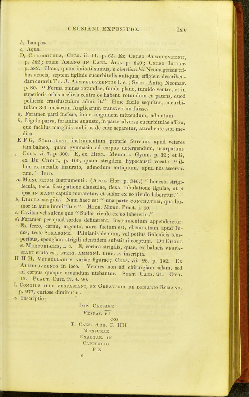 A, Lampas. c, Aqua. D, CucunBiTULA, Cels. ii. 11. p. 65. Ex Celso Almkloveenii, p. 562; etiam Amano in Cael. Auh. p. 64.0; Celso Lucht. p. 583. Hanc, quam imitati sumus, e cimeliarchii Neomagensis tri- bus aeneis, septem figlinis cucurbitulis antiquis, effigiem describen- damcuravitTH. J. Almveloveenius I. c,; SMET.Antiq. Neoraag. p. 80.  Forma omnes rotundae, fundo plano, tumido ventre, et in superioris orbis acclivis centro os habent rotundura et patens, quod pollicem crassiusculura admittit. Hinc facile sequitur, cucurbi- tulam 3-3 unciarum Anglicarum transversam fuisse. a, Foramen parti incisae, inter sanguinera mittendum, admotum. b, Ligula parva, foraraine angusto, in parte adversa cucurbitulae affixa, quo facLIius marginis ambitus de cute separetur, attrahente sibi me- dico. E F G, Steigiles : instruraentum proprie ferreura, apud veteres tarabalneo, quara gymnasio ad corpus detergendum, usurpatum. , Cels. vi. 7. p. 300. E, ex Hiek. Mercur. Gymn. p. 32; et G, ex Du Choul, p. 100, quam strigilem hypocausti vocat:  il- lum ex raetallo inaurato, admodum antiquum, apud nos asserva- tum. Ibid. u, Manubrium instrumenti: (Apul. Hor. p. 346.)  honesta strigi- lecula, tecta fastigiatione clausulae, flexa tubulatione hgulae, ut et ipsa in manu capulo nioraretur, et sudor ex eo rivulo laberetur. b, LiauLA strigilis. Nam haec est  una parte conchatum, qua hu- mor in aure imraittitur. Hier. Merc. Pract. i. 1.0. c, Cavitas vel sulcus quo  Sudor rivulo ex eo laberetur. d, Forameu per quod sordes defluerent, instrumentum appenderetur. Ex ferro, cornu, argento, auro factura est, ebeno etiara apud In- dos, teste Strabone. Plinianis demum, vel potius Galenicis tem- poribus, spongiam strigili identidem substitui coeptum. Du Choul et Mercurialis, I. c. E, cornea strigihs, quae, ex balneis vespa- siANi eruta est, strig. ammonI. libe. f. inscripta. H H H, Vulsellarum variae figurae; Cels. vii. 28. p. 392. Ex Almeloveenio in loco. Veteres non ad chirurgiam solam, sed ad corpus quoque ornandum utebantur. Suet. Caes. 24. Oth. 13. Plaut. Curc. iv. 4. 20. I, CoNGius ille vespasiani, ex Greavesio de denario Romano, p. 277, curiose dirainutus. fl) Inscriptio; Ijip. Caesare Vespas. VT cos T. Caes. Aug. F. IIIl Mensurae exactae. in Capitolio P X e