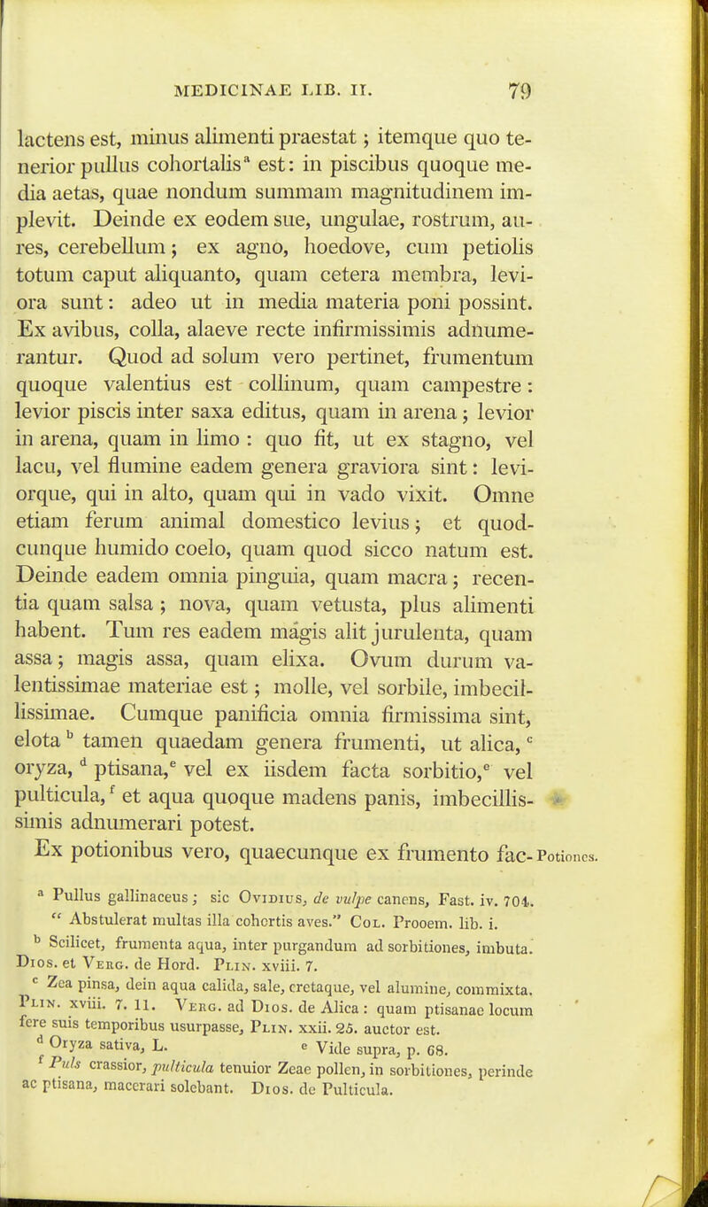 lactens est, minus alimenti praestat; itemque quo te- neriorpuUus cohortalis* est: in piscibus quoque me- dia aetas, quae nondum summam magnitudinem im- plevit. Deinde ex eodem sue, ungulae, rostrum, au- res, cerebellum; ex agno, hoedove, cum petiolis totum caput ahquanto, quam cetera membra, levi- ora sunt: adeo ut in media materia poni possint. Ex avibus, coUa, alaeve recte infirmissimis adilume- rantur. Quod ad solum vero pertinet, frumentum quoque valentius est collinum, quam campestre: levior piscis inter saxa editus, quam in arena; levior in arena, quam in Hmo : quo fit, ut ex stagno, vel lacu, vel flumine eadem genera graviora sint: levi- orque, qui in alto, quam qui in vado vixit. Omne etiam ferum animal domestico levius; et quod- cunque humido coelo, quam quod sicco natum est. Deinde eadem omnia pinguia, quam macra; recen- tia quam salsa; nova, quam vetusta, plus alimenti habent. Tum res eadem magis alit jurulenta, quam assa; magis assa, quam eHxa. Ovum durum va- lentissimae materiae est; moUe, vel sorbile, imbeci^- Hssimae. Cumque panificia omnia firmissima sint, elota ^ tamen quaedam genera frumenti, ut ahca, oryza, ptisana,^ vel ex usdem facta sorbitio,^ vel pulticula, ^ et aqua quoque madens panis, imbeciUis- simis adnumerari potest. Ex potionibus vero, quaecunque ex frumento fac - Potioi ^ Pullus gallinaceus ; sic Ovidius, de vulpe canens, Fast. iv. 704,.  Abstulerat multas illa cohcrtis aves. Col. Prooem. lib. i. ^ Scilicet, frumenta aqua, inter purgandum ad sorbitiones, imbuta. Dios. et Veug. de Hord. Plin. xviii. 7. •= Zea pinsa, dein aqua calida, sale, cretaque, vel alumine, comraixta. Plin. xviii. 7. 11. Verg. ad Dios. de Alica : quam ptisanae locum fere suis temporibus usurpasse, Plin. xxii. 25. auctor est. ^ Oryza sativa, L. e Vide supra, p. C8. Puls crassior, puHicula tenuior Zeae pollen, in sorbitiones, perinde ac ptisana, macerari solebant. Dios. de Pulticula.