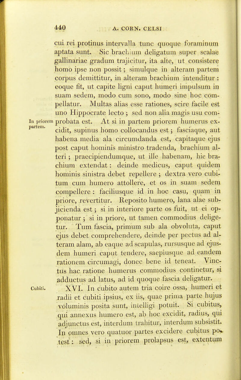 cui rei protinus intervalla tunc quoque foraminum aptata sunt. Sic brachium deligatum super scalae gallinariae gradum trajicitur, ita alte, ut consistere homo ipse non possit; simulque in alteram partem corpus demittitur, in alteram brachium intenditur : eoque fit, ut capite hgni caput humeri impulsum in suam sedem, modo cum sono, modo sine hoc com- pehatur. Multas ahas esse rationes, scire facile est uno Hippocrate lecto ; sed non alia magis usu com- in priorem probata cst. At si in partem priorem humerus ex- partem. ^jjj^^ supiuus liomo collocaudus est; fasciaque, aut habena media ala circumdanda est, capitaque ejus post caput hominis ministro tradenda, brachium al- teri; praecipiendumque, ut ille habenam, hic bra- chium extendat: deinde medicus, caput quidem hominis sinistra debet repellere ; dextra vero cubi- tum cum humero attollere, et os in suam sedem compellere : faciliusque id in hoc casu, quam in priore, revertitur. Reposito humero, lana alae sub- jicienda est; si in interiore parte os fuit, ut ei op- ponatur ; si in priore, ut tamen commodius dehge- tur. Tum fascia, primum sub ala obvohita, caput ejus debet comprehendere, deinde per pectus ad al- teram alam, ab eaque ad scapulas, rursusque ad ejus- dem humeri caput tendere, saepiusque ad eandem rationem circumagi, donec bene id teneat. Vinc- tus hac ratione humerus commodius continetur, si adductus ad latus, ad id quoque fascia dehgatur. Cubiti. XYl. In cubito autem tria coire ossa, humeri et radh et cubiti ipsius, ex iis, quae prima parte hujus voluminis posita sunt, inteUigi potuit. Si cubitus, qui annexus humero est, ab hoc excidit, radius, qui adjunctus est, interdum trahitur, interdum subsistit. In omnes vero quatuor partes excidere cubitus po* tesf: sed, si in priorem prolapsus est, exteijtum