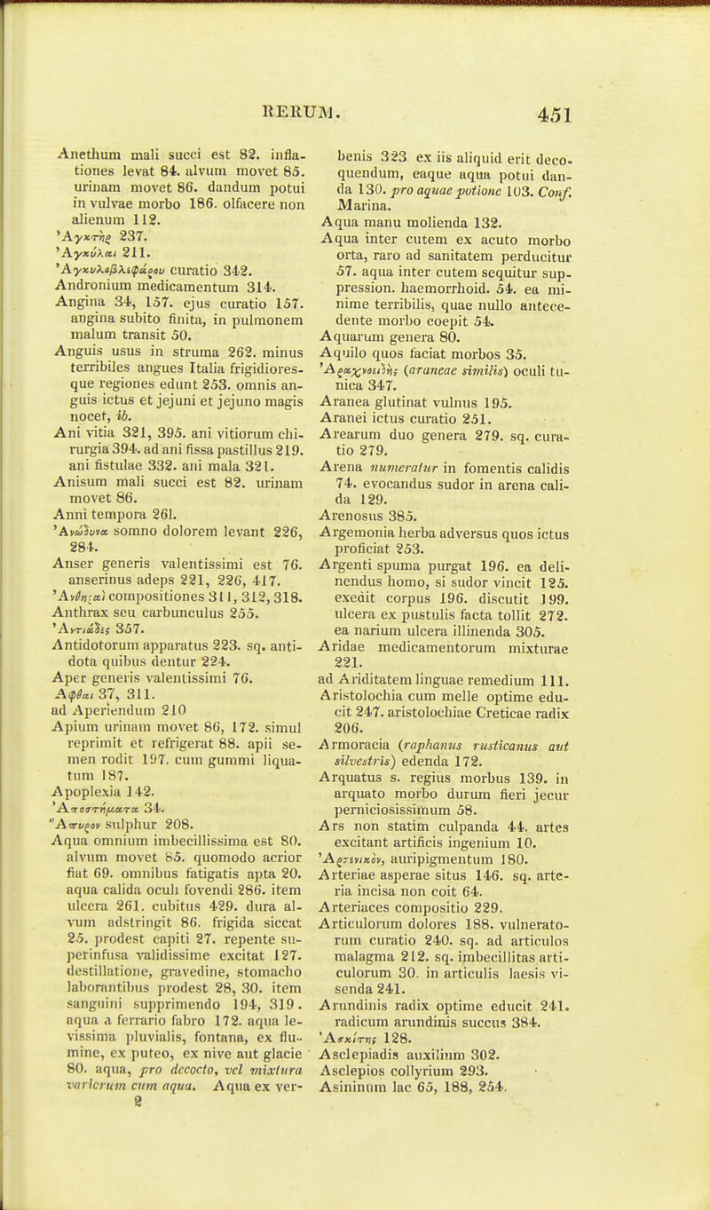 Anetlmm mali succi est 82, infla- tioiies levat 84. alviiin movet 85. urinam movet 86. dandum potui in vulvae morbo 186. olfacere iion alienum 112. 'AyxT^j 237. ^AyxuXai 211. 'AyxttA.«j3X((pafl<)u curatio 342. Andronium medicamentum 314. Angina 34, 157. ejus curatio 157. angina subito finita, in pulmonem malum transit 50. Anguis usus in struma 262. minus terribiles angues Italia frigidiores- que regiones edunt 253. omnis an- guis ictus et jejuni et jejuno magis nocet, «6. Ani vitia 321, 395. ani vitiorum chi- rurgia 394. ad ani fissa pastillus 219. ani fistulae 332. aiii mala 321. Anisum mali succi est 82. urinam movet 86. Anni tempora 261. 'AvfwSi/ta somno dolorem levant 226, 284. Anser generis valentissimi est 76. anserinus adeps 221, 226, 417. 'Ai-^jffaicoinpositiones 311, 312, 318. Anthrax seu carbunculus 255. 'AvnaSs; 357. Antidotorum apparatus 223. sq. anti- dota quibus dentur 224. Aper geneiis valentissimi 76. AipSai 37, 311. ad Aperiendum 210 Apium urinam movet 86, 172. simui rcprimit et refrigerat 88. apii se- men rodit 1»7. cum gunimi liqua- tum 187. Apoplexia 142. 'A^roff^Tij^ara 34. A-ru^ov snlphur 208. Aqua omnium imbecillissima est 80. alvum movet 85. quomodo acrior fiat 69. omnibus fatigatis apta 20. aqua calida oculi fovendi 286. item ulccra 261. cubitus 429. dura al- vum adslringit 86. frigida siccat 25, jjrodest capiti 27. repente su- perinfusa validissime excitat 127, destillatione, gravedine, stomacho laborantibus prodest 28, 30. item sanguini supprimendo 194,319. aqua a ferrario fabro 172. aqna le- vi.ssima jjluvialis, fontana, ex flu- mine, ex pufeo, ex nive aut glacie 80. aqua, pro dccocto, vcl mixlura varicrum cmn aqua. Aqua ex ver- benLs 323 ex iis aliquid erit deco. quendum, eaque aqua potui dan- da 130, pro aquae putione 103. Conf. Marina. Aqua manu molienda 132. Aqua inter cutem ex acuto morbo orta, raro ad sanitatem perducitur 57. aqua inter cutem sequitur sup- pression. haemorrhoid, 54. ea mi- nime terribilis, quae nullo antece- dente morbo coepit 54. Aquarum genera 80. Aquilo quos faciat morbos 35. 'A^a.^voiiiii; {aratieae similis) oculi tu- nica 347. Aranea glutinat vulnus 195. Aranei ictus curatio 251. Areai-um duo genera 279. sq. cura- tio 279. Arena niimeralur in fomentis calidis 74. evocandus sudor In arena cali- da 129. Arenosus 385, Argeinonia herba adversus quos ictus proficiat 253, Argenti spuma purg-at 196, ea deli- nendus homo, si sudor vincit 125. exedit corpus 196, discutit J99. ulcera ex pustulis facta tollit 272, ea narium ulcera illinenda 305. Aridae medicamentorum mixturae 221. ad Ariditatem linguae remedium 111, Aristolochia cum melle optime edu- cit 247, aristolochiae Creticae radix 206, Armoracia {raphanus rusticanus aut silvestris) edenda 172, Arquatus s. regius morbus 139. in arquato morbo durum fieri jecur perniciosissimum 58. Ars non statim culpanda 44. artes excitant artificis ingenium 10. 'Af7svi«i)v, auripigmentum 180. Arteriae asperae situs 146. sq. arte- ria incisa non coit 64. Arteriaces compositio 229. ArticiUorum dolores 188. vulnerato- rum curatio 240. sq. ad articulos malagma 212. sq. imbecillitas arti- culorum 30. in articulis laesis vi- senda 241. Aiundinis radix optime educit 241. radicum arundinis succus 384. 'Airxirtt! 128. Asclepiadis auxilium 302, Asclepios collyrium 293. Asininum lac 65, 188, 254,