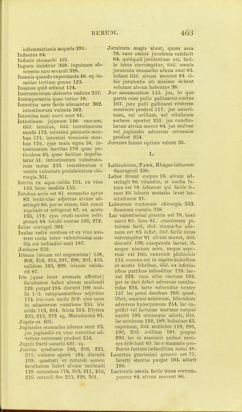 inflammationis sequela 291. Inflantes 84. Inflatio stomaclii 161. Inguen inciditur 369. inguinum ab- scessus raro seeandi 328. Insania quando expectanda 48. sq. in- saniae tertium genus 123. Insanus quid ediscat 124. Instrumentum abdentis radices 357. Intemperantia quae tutior 18. Intestina aere facile alienantur 362. intestinorum vulnera 362. Intestina mali succi sunt 81. Intestinum jejunum 148. caecum, ibid. tenuius, ibid. intestinorum morbi 173. intestini plenioris mor- bus 171. intestini tenuioris mor- bus 176. ejus mala signa 58. in- testinorum laevitas 179. quae pe- riculo.sa 60. quae facilius depella- latur 51. intestinorum vulnerato- rum notae 233. intestinorum e ventre vulnerato prolabentium chi- rurgia 361. Intrita ex aqua calida 105. ex vino 125. bene madida 155. Intubus acris est 81 stomacho aptus 83. lenticulae adjectus alvum ad- stringit 86. perse etiam, ibid. simul reprimit et refrigerat 87. ex aceto 135, 172. ejus crudi caules refri- gerant 84. intubi succus 166, 272. Intus corriipti 362. Inulae radix contusa et ex vino aus- tero cocta inter valentissima aux- ilia est ischiadici mali 187. Jocinore 232. Irinum (oleum vel unguentum) 158, 206, 216, 225, 297, 299, 301, 416. calidum 195, 299. irinum calefa- cit 87. Iris (quae inter aromata affertur) tacultatem iiabet alvum, mohendi 129. purgat 194. discutit 199. mol- lit li)2. cataplasmatibus adjicitur 174. iriscum melle 302. ejus usus in adustorum euratione 255. irls iirida 113, 204. fricta 314. Illyrica 203, 210, 223 sq. Macedonica 81. Jugale os 401. Juglandes storaacho alienae sunt 83. jus juglandis ex vino contritae ad- versus cerussam prodest 254. Juguli fracti sanatio421. sq. Juncus qundratus 186, 206, 225, 311. vulnera apcrit 194. discutit 199. quadrati et rotundi semen facultatem liabet alvum inoliendi 129. rotundum 178, 203, 211, 225, 226. rotundi flos 225, 220, 301. Jurulenta raagis alunt, quam as.sa 78. caro omnis jurulenta calefacit 84. quidquid jurulentum est, faci- le intus corrumpitur, ibid. omnia jurulenta stomaclio aliena sunt 83. inflant ibid. alvum movent 84. ci- bis jurulentis uti rainime debent solutam alvum habentes 38. Jiis assumendum 155. jus, in quo porris cum pullo gallinaceo coctus 167. jure pulli gallinacei ventrem resolvere prodest 117. jus anseri- num, vel ovillum, vel vitulinum sorbere oportet 251. jus conchu- larum alvum movet 84. jus malvae vel juglandis adversus cerussam prodest 254. Juvenes hieme optime valent 36. L. Labisulcium, PAnu, Rhagas labiorum Sauvagesii 358. Labor firmat corpus 16. alvum ad- stringit 86. vitandus, si iuedia fu- tiu-a est 18. kborem qui facile fe- rant 20. laboris mutatio levat las- situdinem 21. Labrorum curtorum chirurgia 353. fissorum curatio 358. Lac valentissimi generis est 78. boni succi 80. lene 81. crassiorem pi- tuitam facit, ibid. stomacho alie- num est 83. inflat, ibid. facile intus corrumpitur 81. alvum movet, ibid. discutit 199. exasperata laevat, ib. neque nimium acre, neque aspe- rum est 160, convenit phthisicis 135. veneno est in capitis doloribus et acutis febribus, ibid. ex inferio- ribus partibus infunditur 178. lae- vat 222. cum allio coctum 162. per se dari debet adversus cantba- ridas 234. lacte solvendus venter 157 lac potui dandum 289. quod- libet, maxime asininum, bibendum adversus hyoscyamum 254. lac ca- prifici vel lactucae marinae corpus exedit 196. utrumque adin'it, ibid. lacasininum 122, 189. bubulum 65. caprinum, ibid. muliebre 119, 286, 190, 300. ovillum 191. pingue 290. lac in mammis quibus meh- ses deficiunt 60. lace mamrais ])ro- flucns foetum imbecillum notat 48. Lacertus gravissimi generis est 77. lacerti stercus purgat 194. adurit 196. Lactentia omnia facile intus corrum- puiitur 84. alvuui niovent 86.