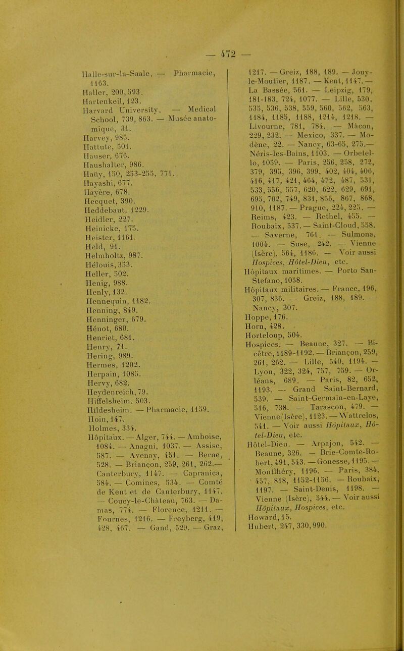 llalle-sur-la-Saale. — Pharmacie, 1163. lia lier, 200,593. llarLeiikeil, 123. Ilarvai-d University. — Médical School, 739, 863. — Musée anaLo- mique, 31. Ilarvey, 98:1. IlalUite, 501. Maiiser, 676. llaushaller, 986. Hai-.y, 150, 253-255, 771. Ilayashi, 677. Ilayère, 678. Ilecquct, 390. Ileddebaut, 1229. Ileidler, 227. Heiiiicke, 175. Heister, 1161. Held, 91. Helmholtz, 987. Hélouis, 353. Heller, 502. Henig, 988. Henly,132. Hennequin, 1182. Henning, 849. Henninger, 679. Hénot, 680. Henriet, 681. Henry, 71. Hering, 989. Hermès, 1202. Herpain, 1085. Hervy, 682. Heydenreich, 79. Hiffelsheim, 503. Hildesheim. —Pharmacie, 1159. Hoin, 147. Holmes, 334. Hôpitaux. —Alger, 744. — Amboise, 1084. — Anagiii, 1037. — Assise, 587. — Avenav, 451. — Berne, r,28. — Briançon, 259, 261, 262.— Canterbury, 1147. — Capranica, 584. — Comines, 534. — Comté de Kent et de Canterbury, 1147. — Coucy-le-Chàleau, 763. — Da- mas, 774. — Florence, 1211. — Fnurnes, 1216. — Freyberg, 419, 428, 467. — Gand, 529. — Graz, 1217. — Grei/., 188, 189. — Jouy- le-Moutier, 1187. — Kenl, 1147.— La Bassée, 561. — Leipzig, 179, 181-183, 724, 1077. — Lille, 530, 535, 536, 538, 559, 560, 562, 563, 1184, 1185, 1188, 1214, 1218. — Livourne, 781, 784. — Màcon, 229, 232. — Mexico, 337. — Mo- dène, 22. — Nancy, 63-65, 275.— Néris-les-Bains, 1103. — Orbelel- lo, 1059. — Paris, 256, 258, 272, 379, 395, 396, 399, 402, 404, 406, 416, 417, 421, 464, 472, 487, 531, 533,556, 557, 620, 622, 629, 691, 695,702,749,831,856, 867, 868, 910, 1187. —Prague, 224,225. — Reims, 423. — Rethel, 455. — Roubaix, 537.— Saint-Cloud, 558. — Saverne, 761. — Sulmona, 1004. — Suse, 242. — Vienne (Isère), 564, 1186. — Voir aussi IIoxpke.<, Hôlel-iJieii, etc. Hôpitaux maritimes. — Porto San- Stefano,1058. Hôpitaux militaires.— France, 196, 307, 836. — Greiz, 188, 189. — Nancy, 307. Hoppe, 176. Horn, 428. Horleloup, 504. Hospices. — Beaune, 327. — Bi- cêtre, 1189-1192. — Briançon, 259, 261, 262. — Lille, 540, 1194. - Lyon, 322, 324, 757, 759. — Or- léans, 689. — Paris, 82, 652, 1193. Grand Saint-Bernard, 339. — Saint-Germain-en-Laye, 516, 738. — Tarascon, 479. — Vienne(Isère),1123. —Waltrelos, 541. — Voir aussi Hôpitaux, Hô- tel-Dieu, etc. Hôtel-Dieu. — Arpajon, 542. — Beaune, 326. — Brie-Comle-Ro- bert, 491, 543. —Gonesse, 1195. — Monllhéry, 1196. — Paris, 384, ■ 457, 818, 1152-1156. — Roubaix, 1197. _ Saint-Denis, 1198. — Vienne (Isère), 544. — Voir aussi Hôpitaux, Hospices, etc. Howard, 15. Hubert, 247,330,990.