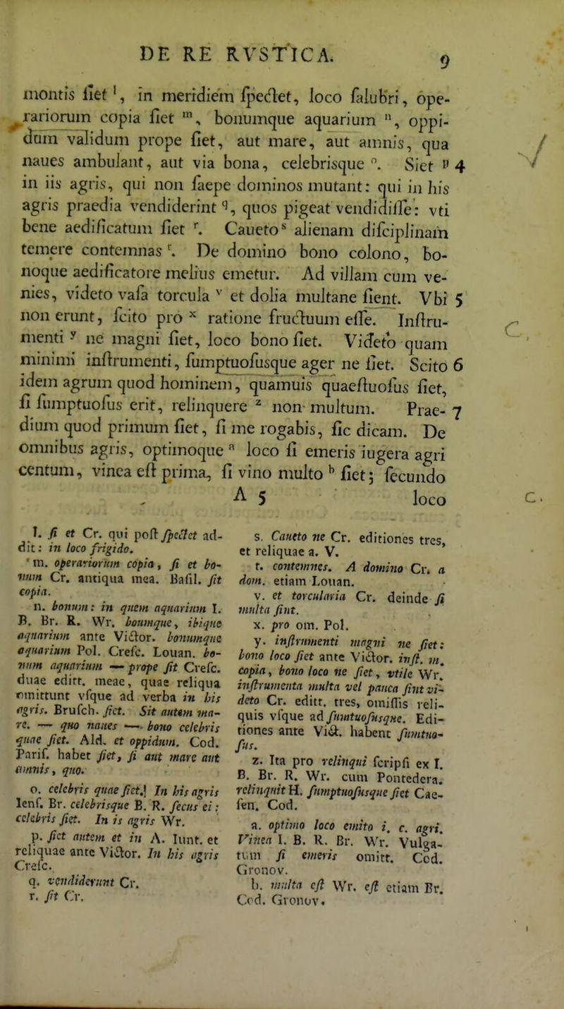 9 montis lietin merrdiem l}-»edet, loco {aluBri, ope- ^rariorum copia fiet \ boiiumqiie aquarium oppi- tei validum prope fiet, aut mare, aut amnis, (jua naues ambuJant, aut via bona, celebrisque Siet i'4 in iis agris, qui non faepe dominos mutant: qui in his agris praedia vcndiderintcjuos pigeat vendidiire: vti bcne aedi/icatum fiet Caueto aiienam difciplinam tcmere contcmnas ^ De domino bono colono, bo- nocjue aedificatore meiius emetur. Ad viJJam cum ve- nics, vidcto vaia torcula et doiia muitane fient. Vbi 5 nonerunt, icito pro ^ ratione frut^uum elTe. Inftru- menti ^ ne magni fiet, ioco bono fiet. Vicfetb cjuam minimi infirumenti, fumptuofusque ager ne fiet. Scito 6 idem agrum quod Iiominem, quamuis quacfiuolus fiet, fi iumptuoius erit, relinquere ^ non-muitum. Prae-7 dium tpod primum fiet, fi me rogabis, fic dicam. De omnibus agris, optimocjueioco fi emeris iugera agri centum, vinca efi prima, fi vino muito fiet 5 fecundo A 5 loco h fi et Cr. qiii iioft fpcctct ad- dit; in loco frigido. ' m. operarioruin copia, fi et vnm Cr. antiqua inea. Uafil. fit copia. n. bomnn: in qnem nquarinm I. B. Br, £. Wr. boniHque, ibiqna aqnarium ante Vidor. bonnmqnz oqnarium Pol. Crefc. Louan. ho- vnm aqunrinm — prope fit Crefc. diiae edirr. meac, quae reliqua ntnittunt vfque ad verba in his cgris. Brufch. fiet. Sit auttm ma.' rc. — quo naiies •— bono celebris qnae fiet. Ald. et oppidum. Cod. Parif. habet /;ef, fi aut marc aut amvis, quo. o. celebris quaefiet.] In his agris lenf. Br. celebrisque B. R. fecns ei: cclebris fiet. In is agris Wr. p. fict antem et iu A. lunt. et rcliquae antc Viaor. In his osxis Cxik.  q. vciididernnt Cr. r. fit Cr. s. Cantto ne Cr. editiones tres, ct reliquae a. V. r. contemnes. A domino Ci; a dom. etiam Louan. V. et torculavia Cr. deinde fi mnlta fint. X. pro om. Pol. y. infirnmenti mngvi ne fiet: hono locofiet ante Vidor. ivfl. m. copia, bono loco ne fiet, vtik Wr! inftrumenta multa vel panca fint vi^ deto Cr. editt. tres, ominis reli- quis vlque zAfumtuofHsqHe. Edi- tioncs ante Vi*a. habenc fumtno' fus. z. Ita pro relinqui fcripfi ex I. R. Br. R. Wr. cum Pontedcra! rclinqnit H. fnmptuofusqne fiet Cae- fen. Cod. a. optimo loco emito i, c. agri. Vinta I. B. R. Br. VVr. Vulga- tum fi emeris omitr. Cod. Gronov. b. mnltn cft Wr. eft ctiam Br. Cod. Gronov.