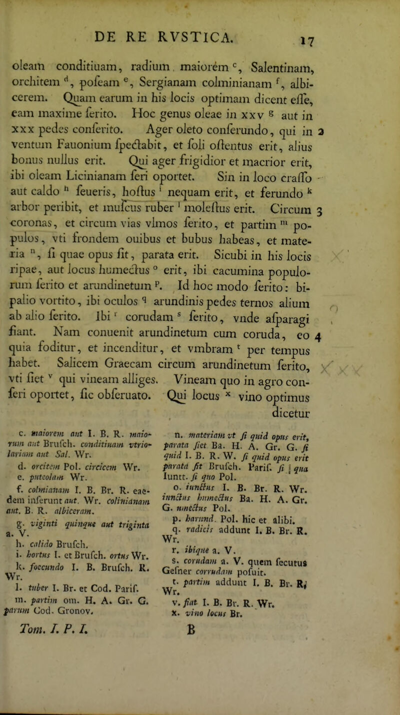 oleam conditiuam, radium maiorem^, Salentinam, orchitem'^, pofcam ^, Sergianam colminianam ^ aJbi- cerem. Quam earum in his locis optimam dicent effe, eam maxime ferito. Hoc genus oleae in xxv s aut in XXX pedes conferito. Ager oleto conferundo, qui in 2 ventum Fauonium fpedabit, et foii odentus erit, alius bonus nullus erit. Qui ager frigidior et macrior erit, ibi oleam Licinianam feri oportet. Sin in loco crafTo ■ aut caido feueris, hoftus ' necjuam erit, et ferundo arbor peribit, et mulcus ruber ' molertus erit. Circum 3 coronas, et circum vias vhnos ferito, et partim po- pulos, vti Irondem ouibus et bubus habeas, et mate- ria , fi quae opus iit, parata erit. Sicubi in his locis ripae, aut locus humedus ° erit, ibi cacumina populo- rum ferito et arundinetum Id hoc modo lerito: bi- palio vortito, ibi oculos ^ arundinis pedes ternos alium ab alio ferito. Ibi' corudam * ferito, vnde afparagi fiant. Nam conuenit arundinetum cum coruda, eo 4 quia foditur, et incenditur, et vmbram ' per tempus habet. Salicem Graecam circum arundinetum ferito, vti fiet (|ui vineam alLges. Vineam cjuo in agro con- feri opoitet, ilc obfcruato. Qui locus vino optimus dicetur c. maiorem aut I. B. R. jnntO' rnin ant Bnifcli. conditiuaiH vtrio' larinm aut Sal. Wr. d. orcitcm Pol. circiccm Wr. e. pntcolatH Wr. f. colmiaiiam I. B. Br. R. eae- dem iiifcrunt ant. Wr. coHnianam ttiit. B. R. albiceram. g. viginti quinqut aut trieinta a. V. h. calido Brufch. i. hortus I. ctBrufch. ortusVfv. k. foccundo I. B. Brufch. R. Wr. 1. tiiher I. Br. et Cod. Parif. m. partim oni. H. A. Gr. G. farum Cod. Gronov. Tom. 1. P, L n. materiam vt fi quid opits erit, parata Jiet Ba. H. A. Gr. G. fi quid I. B. R. W. fi quid opus erit pnrattt fit Brufch. Parif. fi \ qua luntt. fi qno Pol. o. iunihis I. B. Br. R. Wr. iunctns humeBus Ba. H. A. Gr. G. Hinectus Pol. p. hariind. Pol. hic et alibi. q. radicis addunt I. B. Br. R. Wr. r. ibiqne a. V. s. corudam a. V. quem fecutug Gefner corrudam pofuit. t. paiitim adduiit I. B. Br. Wr. v.fiat I. B. Br. R. Wr. X. vino lecus Br. B