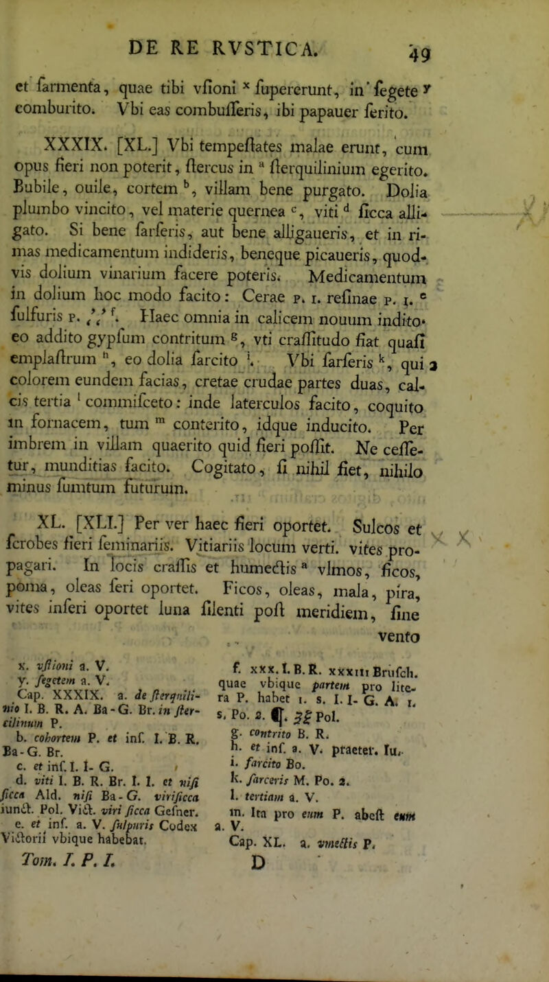 ct farmenta, quae tibi vfioni ^ fupererunt, inTegetey comburito. Vbi eas combuiTeris, ibi papauer ferito. XXXIX. [XL.] Vbi tempeflates malae erunt, cum opus fieri non poterit, ftercus in  flerquiiinium egerito. Bubile, ouiie, cortem ^ villam bene purgato. Dolia piumbo vincito, vel materie quernea viti ficca alli- ^ gato. Si bene farferis, aut bene alJbgaueris, et in ri-- mas medicamentum indideris, beneque picaueris, quod-. vis dolium vinarium facere poteris. Medicamentum • in dolium hoc modo facito: Cerae p. i. refinae p. i. * fulfuris p. // Ilaec omnia in calicem nouum indito* eo addito gypfum contritum vti crafHtudo fiat quafl cmpMrum eo dolia farcito Vbi farferisquia colorem eundem facias, cretae crudae partes duas, cal- cis tertia ' commifceto: inde laterculos facito, coquito m fornacem, tum conterito, idque inducito. Per imbrem in villam quaerito quid fieri poflit. Ne celle- tur, munditias facito. Cogitato, fi nihil £et, nihilo , minus fumtum futuirum. XL. JXLI.] Per ver haec fieri oportet. Sulcos et w fcrobes fieri feminariis. Vitiariis locum verti. vites pro- pagari. In locis craflis et humedlis « vlmos, ficos, poma, oieas feri oportet. Ficos, oleas, mala, pira^ vites inferi oportet luna filenti pofl meridiem, fine venfo K. vfiioni 3. V. f XXX. I. B. R. xxx.i, Brufch. y. fegetem a. V. quae vb;quc partem pro lite- Cap. XXXIX, a. de ftirqnUi- ra P. habet i. s. I. I-G A. » »«0 I. B. R. A. Ba-G. ^v.injhr- Po. 2. m ^a^ol cUnium P. «^»' b. cohorteiH P. et inf. I. B. R. t ^^ Ba-G. Br. . ^'^^- V. praetef. fUi c. et inf I. I- G. / *• /'fo Bo. d. viti I. B. R. Br. I. 1, et vifi '^- Arce^is M. Po. a. ftcca Ald. nifi Ba - G. virificca 1- tevtiam a. V. iund. Pol Via. wW y;cM Gefner. «i. Ita pro enm P. abeft euM e. et ini. a. V. fHlpnrit Codex a. V. Viaorii vbique habebat. Cap. XL. a. vmems P. Tom. L P.L D