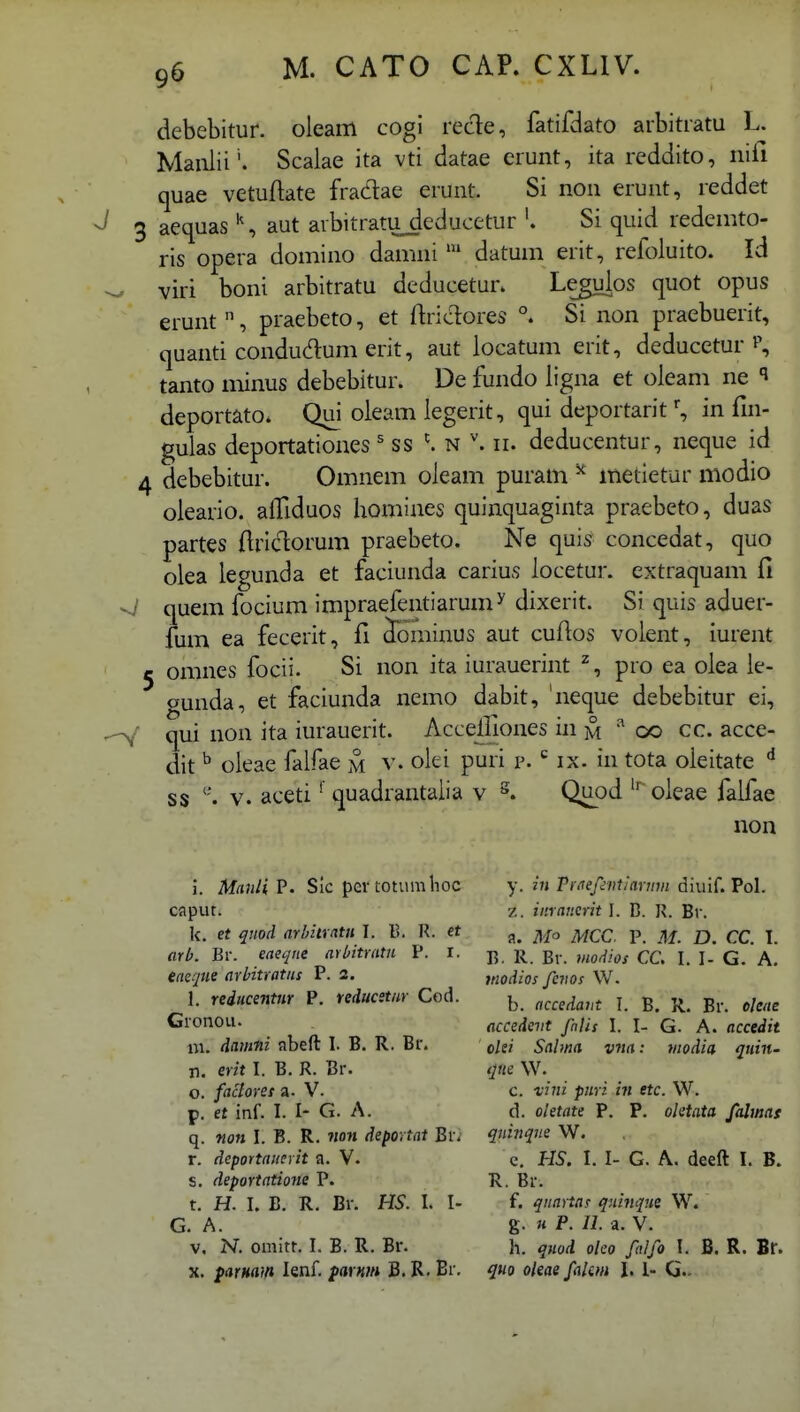 debebitur. oleam cogi recle, fatifdato aibitratu L. Maiilii'. Scalae ita vti datae erunt, ita reddito, nifi quae vetuftate fradae erunt. Si non erunt, reddet ^ 3 aequas aut aibitratu_deducetur Si quid redenito- ris opera domino damni datum erit, refoluito. Id viri boni arbitratu deducetur. Legulos quot opus erunt , praebeto, et ftricT:ores °. Si non praebuerit, quanti condudum erit, aut locatum erit, deducetur p, tanto minus debebitur. De fundo ligna et oleam ne deportato. Qui oleam legerit, qui deportarit % in fin- guias deportationes ss ^ n \ ii. deducentur, neque id 4 debebitur. Omnem oleam puram ^ metietur modio oleario. alTiduos homines quinquaginta praebeto, duas partes flric1:orum praebeto. Ne quis concedat, quo olea iegunda et faciunda carius locetur. extraquam fi ^ quem focium impraefentiarumy dixerit. Si quis aduer- fum ea fecerit, fi Jominus aut cuftos volent, iurent 5 omnes focii. Si non ita iurauerint pio ea olea le- gunda, et faciunda nemo dabit, 'neque debebitur ei, qui non ita iurauerit. Accelfiones in m oo cc. acce- dit ^ oleae falfae m v. oki puri p. ix. in tota oleitate ss V. acetiquadrantalia v Quod oieae falfae non ;. ManliV. Slc pev totumlioc caput. k. et qnod arbhvatu I. B. R. et arb. Br. eaeqiie arbitratn P. i. eaeque arbitratns P. 2. 1. reducenttir P. reducstiir Cod. Gronou. m. damni abeft I. B. R. Br. n. erit I. B. R. Br. o. factoret a. V. p. et inf. I. I- G. A. q. non I. B. R. non deportat Br. r. deportaiieyit a. V. s. deportatione P. t. H. I. B. R. Br. HS. I. I- G. A. V. N. omitt. I. B. R. Br. X. pamam lenf. parwti B. R. Br, y. in Praefevtiartnn diuif. Pol. z. iiiranerit I. B. R. Br. a. MCC. P. M. D. CC. I. B. R. Br. modios CC, I, I- G. A. modios fevos W. b. accedant I. B. R. Br. oleae accedevt fntis I. I- G. A. accedit oki Salma vna: modia quin- tpie W. c. vini piiri iji etc. W. d. oletate P. P. oletata falwat quinqne W. c, HS. I. I- G. A. deeft I. B. R. Br, f. qnartas qninque W. g. H P. 11. a. V. h. quod oleo falfo l. B. R. Br. quo oleae fakm I. l- G-