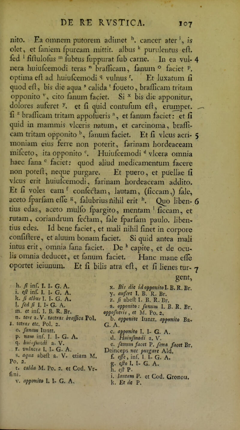 nito. Ea onmem putorem adimet cancer ater ', is olet, et faniem Ipurcam mittit. aJbus ^ purulentus eft. fed ' fiftulolus fubtus fuppurat fub carne. In ea vul- 4 nera huiufcemodi teras  brafficam, fanum ° faciet optima eft ad huiufcemodi ^ vuhius Et luxatum fi (juod eft, bis die aqua ' caKda ^ foueto, brailicam tritam opponito ^*, cito lanum faciet. Si bis die apponitur, dolores auferet et fi quid contufum eft, erumpet. , fi ^ brafllcam tritam appofueris, et fanum faciet: et fi quid in mammis vlceris natum, et carcinoma, braffi- cam tritam opponito fanum faciet. Et fi vlcus acri- 5 moniam eius ferre non poterit, farinam hordeaceam mifceto, ita opponito Huiufcemodi ^ vlcera omnia haec fana ^ faciet: quod aliud medicamentum facere non poteft, neque purgare. Et puero, et puellae fi vlcus erit huiulcemodi, farinam hordeaccam addito. Et fi voles eam^ confec^am, lautam, (ficcam,) fale, aceto fparfam effe falubrius Aihil erit Quo hben- 6 tius edas, aceto mulfo fpargito, mentam ' ficcam, et rutam, coriandrum fedam, fale fparfam paulo. liben- tius edes. Id bene faciet, et mali nihii finet in corpore confificre, et aluum bonam faciet. Si quid antea mali intus erit, omnia fana faciet. De ^ capite, et de ocu- lis omnia deducet, et fanum faciet. Hanc mane efTe oportet ieiunum. Et fi bilis atra efi, et fi henes tur- 7 gent, h. /l inf. I. I. G. A. x. Bit die idopponitol.B.R Br 1. efi inf. I. I- G. A. y. aiifirt 1. B. R. Br. k, fi albns I. I- G. A. z. ji abeft I. B. R. Br. 1. fed Ji I. I- G. A. a. opponito: fannm I. B. R. Br m. et inf. I. B. R. Br. oppofneris, et M. Po. 2, n. tere n.V. taetras braJftcaVol. b. apponite luntr. appo7iito Ba- l. tetras etc. Pol. 2. G. A. 0. favnm lurut. c. apponito I. I- G. A. p. naw inf. I. I- G. A. d. Huinfmodi a. V. q. huinfwodi a. V. c. fannm facet P. fana facet Br, r. vulncr.i I. I- G. A. Dcinceps nec pnrgare Ald. s. aqna abe(t a. V. etiam M. f. e/e, inf. l. U G. A. ^^- ^ %■ ifio I. I. G. A. t. caldit M. Po. 2. et Cod. Vr- h. eft P. • , , ^ . P- et Cod. Gronou. V. appomto I. I. G. A, It. Et de P.