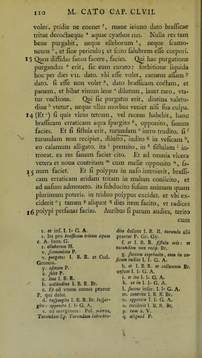 IIO voles, pridle ne coenet % mane ieiuno dato biallicae tritae decoctaeque ' aquae cyathos iiii. Nuila res tain bene purgabit, neque eiieborum necjue lcamo- neum , et fine pericuio; et lcito laiubrem efle corpori. 13 Quos diffidas fanos facere, facies. Qui liac purgatione purgandus ^ erit, fic eum curato: forbitione iiquida hoc per dies vii. dato. vbi elTe voiet, carnem aiTam ^ dato. fi eife non volet dato braflicam coclam, et panem, et bibat vinum iene diiutum, iauet raro, vta- tur vncT:ione. Qui fic purgatus erit, diutina vaietu- dine ^ vtetur, neque viius morbus veniet nifi fua cuipa. 14 (Et') fi quis vicus tetrum, vei recens liabebit, hanc brafiicam erraticam aqua fpargito '^, opponito, fanum facies. Et fi fifiuia erit, turundam ® intro trudito. fi ^ turundam non recipiet, diiuito, indito ^ in veficam eo caiamum aiiigato. ita ' premito, in ^ fifiuiam ' in- troeat. ea res fanum faciet cito. Et ad omnia vicera vetera et noua contritam cum meiie opponito °, fa- 15 num faciet. Et fi poiypus in nafo introierit, brafli- cam erraticam aridam tritam in maium coniicito, et ad nafum admoueto. itafubducito fufum animam quam piurimum poteris. in triduo poiypus excidet. et vbi ex- ciderit ° 5 tamen p aiiquot ^ dies item facito, vt radices 16 polypi perfauas facias. Auribus fi parum audies, terito cmn r. et inf. I. I- G. A. s. Ita pro brajjicam tritaui aquai C. A. lunt. G. t. ellobornm H. V. fcamoninm P. X. pmgatns I. B. R» ct Ccd. Gronou. y. afinam P. z. folet P. a. lcne I. B. R. b. valitniiiHe I. B. R. Bh c. Et ad vnum omncs practef P, qui delet. d. infpargito I. B. R. Br. iitfper- gito: appovito I. I- G. A. e. ad miivginein: Pol. uotos, Tnriindam E^. TnYimdam intro trn-' dito defunt I. B. R. turnnda alii praeter P. Gr. Gy. f. et I. B. R. fifiula erit: et turundam non recip. Br. g. fHccum exprimito, e»m in t>e- ficatn indito I. I- G. A. h. et I. B. R. et caUamwn Br. vtficae I. I- G. A. i. et ita I. I- G. A. k. vt in l. I- G. A. 1. fuccns infer. 1.1- G. A. m. contrita I. B. R. Br. n. apponito T. I- G. A. o. cccidcrit I. B. R. Br;. p. tum a. V. q. ali'juod P.