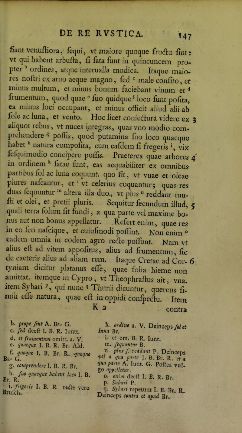 fiant venuftiora, fequi, vt maiore quoque frucflu fint: vt cjuihabent arburta, fi fatafuntin cjuincuncem pro- pter ordines, atque interuaJla modica. Itaque maio- res noftri ex aruo aeque magno, fed  male confito, et minusmultum, et minus bonum faciebant vinum et frumentum, quod quae ^ fuo quidqueUoco funt pofita, ea minus loci occupant, et minus officit aliud alii ab foJe ac luna, et vento. Hoc licet conied^ura videre ex 3 aliquot rebus, vt nuces integras, quas vno modio com- prcliendere ^ poflis, quod putamina fuo Joco quaeque habetnatura compofita, cum eafdem fi fregeris vix fefquunodio concipere poflis. Traeterea quae arbores 4 in ordinem ^ fatae funt, eas aequabiiiter ex omnibus partibus foi ac Juna coquunt. quo fit, vt vuae et oJeae pJures^ nafcantur, et' vt ceJerius coquantur; quas res duas fequuntur aJtera iJJa dua, vt pJus  reddant mu- {\i et oJei, et pretii pJuris. Sequitur fecundum iiJud, 5 quali terra foJum fit fundi, a qua parte vej maxime bo- iius aut non bonus appeJJatur. Refert ejiim, quae res in eo Jeri nafcique, et cuiufmodi poflint. Non enim * eadem omiiia in eodem agro rede poflunt. Nam vt aJius efl ad vitem appofitus, aJius ad frumentum, fic de caeteris aiius ad aiiam rem. Itaque Cretae ad Cor- 6 tyniam dicitur platanus effe, quae foJia hieme non amittat. itemque in Cypro, vt Tiieophraflus ait, vna. item Sybari p, qui nunc 1 Thurii dicuntur, quercus fi- miJi eife natuia, quae efl in oppidi confpedu. Item 2 contra b. prope fint A. Ba- G. k. ordhte a. V. Deinceps/<»/rt c. fid decit I, B. R. Iiintt. Inva Bi. ci. et frHmevtnm omitf. a. V.  ^^- R- lunt. e. qimque i. B. R. Br. Ald. B. f. qnoqne I. B. Br. R. qvoqne ^ fi''^ f ■^'iAantV Xitmc^,i Ba- G.  t'^'^^ Bi-. R. et a g. comprevdere I. B R. Br ^^ ^''^- ^oftea vul- h. fno quaeqne hnbeiit loco I. B. o. euhn deell I. B. R. Br. Br. R. Bnir^i i^l^etunt 1. JB. 1 Deinceps contra et apnd Br. |. I. B. n. reae vero q. S^hari rcpetunt I. B. Br. R.