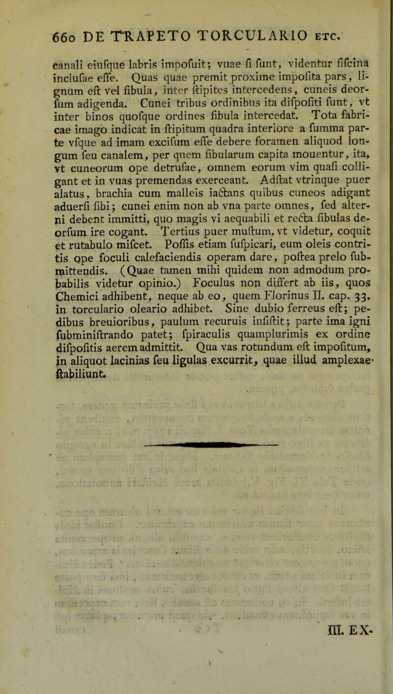 canali eiiirque labrls impofuit; vuae fi fant , videntur fifcina inclufae efle. Quas quae premit proxime impofita pars, li- gnum eft vel fibula, inter Itipites intercedens, cuneis deor- fum adigenda. Gunei tribus ordinibus ita difpofiti funt, vt inter binos quofque ordines fibula intercedat. Tota fabri- cae imago indicat in ftipitum quadra interiore a fumma par- te vfqae ad imam excifum efle debere foramen aliquod lon- gum feu canalem, per quem fibularum capita mouentur, ita, vt cuneorum ope detrufae, omnem eorum vim quafi colli- gant et in vuas premendas exerceanfc. Adftat vtrinque puer alatus, brachia cum malleis ia^tans quibus cuneos adigant aduerfi fibi; cunei enim non ab vna parte oranes, fed alter- ni debent immitti, quo magis vi aequabili et refta fibulas de- orfum ire cogant. Tertius puer muftum, vt videtur, coquit et rutabulo mifcet. Poflis etiam fufpicari, eum oleis contri- tis qpe foculi calefaciendis operam dare, poftea prelo fub- mittendis. (Quae tamen mihi quidem non admodum pro- babilis videtur opinio.) Foculus non diifert ab iis, quos Chemici adhibent, neque ab eo, quem Florinus 11. cap. 33. in torculario oleario adhibet. Sine dubio ferreus eft; pe- dibus breuioribus, paulum recuruis infiftit; parte ima igni fubminiftrando patet; fpiraculis quamplurimis ex ordine difpofitis aerem admittit. Qua vas rotundum eft impofitum, in aliquot lacinias feu ligulas excurrit, quae iliud amplexae- itabiliunt. m. Ex-