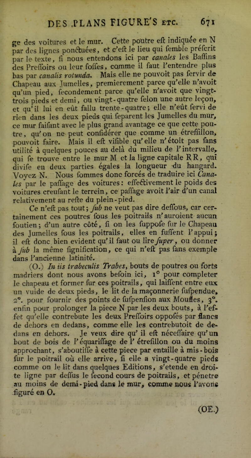 ge des voitures et le mur. Cette poutre eft indlquee en N par des ligncs pon6tuees, et c^eft le lieu qui femble prefcrit par le texte, fi nous entendons ici par canales les Baflins des Prcffoirs ou lcur foffes, comme il faut Fentendre plus bas par canalis rotunda. Mais elle ne pouvoit pas fervir de Chapeau aux Jumelles, premiercment parce qu^elie n'avoit qu'un pied, fecondement parce qu'elle n'avoit que vingt- trois pieds et dcmi, ou vingt-quatre felon une autre le^on, et qu' il lui en eut fallu trente - quatre; elle n'eut fervi de rien dans les deux pieds qui feparent les Jumelles du mur, ce mur faifant avec le plus grand avantage ce que cette pou- tre, qu'on ne peut confiderer que comme un etreffillon, pouvoit faire. Mais il eft vifible qu^elle n^etoit pas fans utilite a quelques pouces au dela du milieu de F intervalle, qui fe trouve entre le mur M et la ligne capitale RR, qui divife en deux parties egales la longueur ^u hangard. Voyez N. Nous fommes donc forces de traduire ici Cana- tes par le paftage des voitures: effeftivement le poids des voitures creufaiit le terrein, ce paiTage avoit l^air d^un canal relativement au refte du plein-pied. Ce n'eft pas tout; Jub ne veut pas dire deffous, car cer- tainement ces poutres fous les poitrails n^auroient aucun foutien; d'un autre cote, fi on les fuppofe fur le Chapeau des Jumelles fous les poitrails, elles en fuflent Tappui; il eft donc bien evident qu^il faut ou lire fuper, ou donner a Jiib la meme fignification, ce qui n'eft pas fans exemple dans 1'ancienne latinite. (O.) In iis trabeculis Trabes, bouts de poutres ou forts madriers dont nous avons befoin ici, i*' pour completer le chapeau et former fur ces poitrails, qui laifient entre eux un vuide de deux pieds, le lit de la ma^onnerie fufpendue, 2*. pour fournir des points de fufpenfion aux Moufles, 3°. enfm pour prolonger la piece N par les deux bouts, a Pef- fet qu^-lle contrebute les deux Preffoirs oppofes par flancs de dchors en dedans, comme elle les contrcbutoit de de- dans en dehors. Je veux dire qu' il eft neceflaire qu'un bout de bois de Pequariflage de 1' etrefdlon ou du moing approchant, s^aboutiffe a cette piece par entaille a mis-bois fur le poitrail ou clle arrive, fi elle a vingt-quatre pieds comme on le lit dans quelques Editions, s^etende en droi- te ligne par deflus le fecond cours de poitrails, et penetre au moins de demi-pied dans le mur, comine nous i'avons figure en O. (OE.)