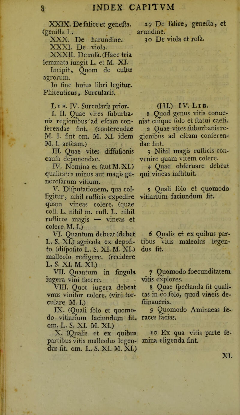 XXIX. Defaliceet genefta. (genifta L. ^ : XXX. De harundine. XXXI. De viola. XXXII. Derofa.(Haec tria lemmata iungit L. et M. XI. Incipit, Quom de cultu agrorum. In fine huius libri legitur. Phiteuticus, Surcularis. Li B. IV. Surcularis prior. I. II. Quae vites fuburba- nis regionibus' ad efcam con- ferendae fmt. (conferendae M. I. fjnt om. M. XI. idem M. I. aefcam.) III. Quae vites difflifionis caufa deponendae. IV. Nomina et (autM.XI.) qualitates minus aut magis ge- nerofarum vitium. V. Difputationem, qua col- ligitur, nihil ruflicis expedire quam vineas colere. (quae colL L. nihil m. ruft. L. nihil ruflicos magis '— vineas et colere M. I.) VI. Qiiantum debeat (debet L. S. XI.) agricola ex depofi- to (difpofito L. S. XI. M. XI.) malleolo redigere. (recidere L. S. XI. M. XL) VII. Quantum in fingula iugera vini facere. VIIL Quot iugera debcat vnus vinitor colere. (vini tor- culare M. L) IX. (Qiiali folo et quomo- do vitiarium faciundura fit» om. L. S. XL M. XL) X. (Qualis et ex quibus partibus vitis malleolus legen- dus fit. om. L. S. XI. M. XL) 59 De falice, genefla, et undine. 30 De viola et rofa. (111.) IV. LiB. I Quod genus vitis conue- niat cuique folo et flatui caeli. a Quae vites fuburbanis re- gionibns ad efcam conferen- dae fint. 5 Nihii magis rufticis con- venire quam vitem colere. 4 Quae obferuare debeat qui vineas inftituit. 5 Quali folo et quomodo vitiarium faciundum fit. 6 Qualis cf; ex quibus par- tibus vitis maleolus legen- dus fit. 7 Quomodo foecunditatem vitis explores. 8 Quae fpeflanda fit quali- tas in eo folo, qilod vineis de- flinaueris. 9 Quomodo Aminaeas fe- races lacias. 10 Ex qua vitis parte fe- mina eligenda fint.