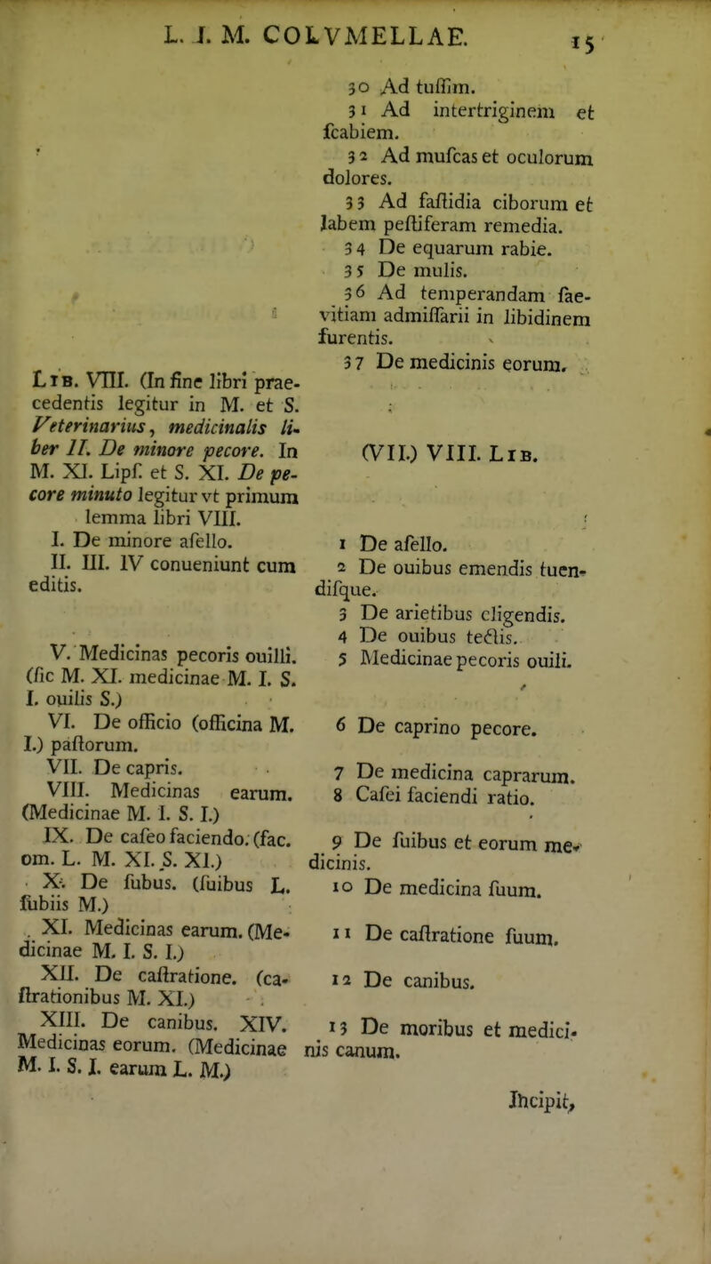 LiB. Vni. (In fine libri prae- cedends legitur in M. et S. Veterinarius ^ medicinalis li- ber II. De minore pecore. In M. XJ. Lipf. et S. XI. De pe- core minuto legitur vt primum lemma libri VIII. I. De minore afello. II. III. IV conueniunt cura editis. V. Medicinas pecoris ouilli. (fic M. XI. medicinae M. L S. I. ouilis S.) VI. De ofEcio (officina M. I.) paflorum. VII. De capris. VIII. Medicinas earum. (Medicinae M. 1. S. I.) IX. De cafeo faciendo. (fac. om. L. M. XI. S. XI.) X% De fubus. (fuibus L. fiibiis M.) . XI. Medicinas earum. (Me- dicinae M. I, S. I.) XII. De caftratione. (ca- ftrationibus M. XI.) XIII. De canibus. XIV. Medicinas eorum. (Medicinae M. I. S. L earura L. M.) 30 Ad tufljm. 31 Ad intertriginem et fcabiem. 3 2 Ad mufcas et oculorum doJores. 3 3 Ad faftidia ciborum et Jabem pefljferam remedia. 3 4 De equarum rabie. 3 5 De mulis. 36 Ad temperandam fae- vitiam admilfarii in libidinem furentis. 3 7 De medicinis eorum. (VII.) VIILLiB. 1 De afello. 2 De ouibus emendis tuen-? difque. 3 De arietibus cligendis. 4 De ouibus tedis. 5 Medicinae pecoris ouili. 6 De caprino pecore. 7 De medicina caprarum. 8 Cafei faciendi ratio. 9 De fuibus et eorum me» dicinis. 10 De medicina fuum. 11 De caflratione fuura. 12 De canibus. 13 De moribus et medici- nis canum. Jhcipit^