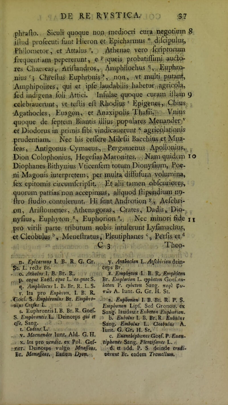 plirado., Siculr quoque non mcdiocri cura negotium 8 h\ud profecuti lunt Hieron ^t Epicliarmus  difcipulus, Philometoi', et Attaius .Atheaae vero-fcriptormn frequeutiara pepererunt, e :queis probatiffupi. audo- res Chaereasv ririiiandros,, Amphilochus %.,,£;uphr,o- nius ' i Chreiks Euphrbni? % non, vt multi putant, Amphipoiites, qui et ipfe laudabihs habetur .f^gricola, fed indigena foh Attic.i. Infulae quoque curmn iiWiP 9 celebiauerunt, vt tefiis eft RhodiujS' Epig?n)^^,,,Chius - 'Agathocles, Euagon, et Anaxipolis Thafii.,;; . Vnius quoque de feptem Biantis ihius populares JVfenan-der et Diodorus in primis fibi vindicauerunt ^ agricpJationis prudentiam. Nec his ceffeje ,Miieiiii Bacchius et Mna- ieas, Antigonus Cymaeus , ; Pergamenus Appiloiiius,,^ j. Dion Colophonius, HegefiasMaronites. ,Kamquidem lo Diophanes Piithynius Vticenfem totum Dionyfiuin, Poe- nl Magonis interpretem, per multa diflufum volumiiiia, fex epitomis circumfcripfit. Et alii tamen Qbicuiriorejj, quorum patrias.non accepimus, aliquod ^Kpe^idium ^^io- flro fludio contulerunt. Hi funt Andr<jtion ^.v Aefchri- pn, Aridomenes, AthenagQras, Crates, Dadis,, Dio- nyfius, Euphyton .^, Euphprion'\ Nec minori fide u pro viriii parte tributum nobis intulerunt Lyfimachus, et Cleobuhis '^, Meneftratus, Pleutiphanes '^, Perfis et Cr 3 Theo- n. Epicarmut I. B. R. G. Gr. St. L. ledc Br. - , o. Athalns I. B. Br. R. rf.-P- E«*cd. eque L. eaqnaeS. q. Amphilocus I. B. Br. R. L. S. r. Ita pro Enphron. I. B. R. 'Coef. 5. EuphirenuHt in. Emph6- 'WHs Crefns L. .'■> ■ s. Euphrontis L B. Br. R. Goef. S. Emphrontis L. Deinceps qui et e£e, Sang. t. CoHins l.. , , V. Maenander lunt, Ald. G. H. .. X. Ita pro v.evdic. ex PoL Gef- : ner. Deinceps vulgo Mnajfeas. fir. Mtinajftaf. Eadqm D^on. y. Anthocion L. Ae/chitioji dein- ceps Br. t. Emphyton l. B. R, Etn^ihiton Br. Emplorion L. eypheton OofS.ew heton P. eyheton Sang. Tttg) (fv- Twv A. lunt. G. Gr. H. St. fl. Enpbonbn' l. B. Br. R. P. S. Emphonon Lipf. Sed Gvonou. ex Sang. laudfluit £/.'/.'efo»^ EuphoHon. h. Eubolns I. B. Br.R. Enbuhit Sang. EmbolHt L. Cleebulus A. lunt. G. Gr. H. St. c. Enanthiphanes Goef. P. £u<in> tiphanis Sang. Plevtifimes L. n d. «t add. P. S deinde crwrfz- vtmnt Br. eadem TrmellwtK